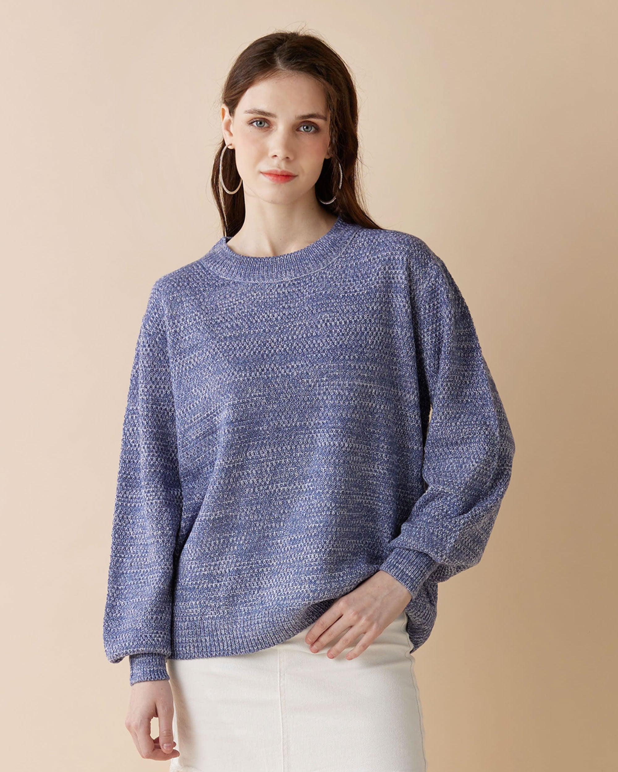 Round Neck Balloon Sleeve Sweater - Denim - noflik