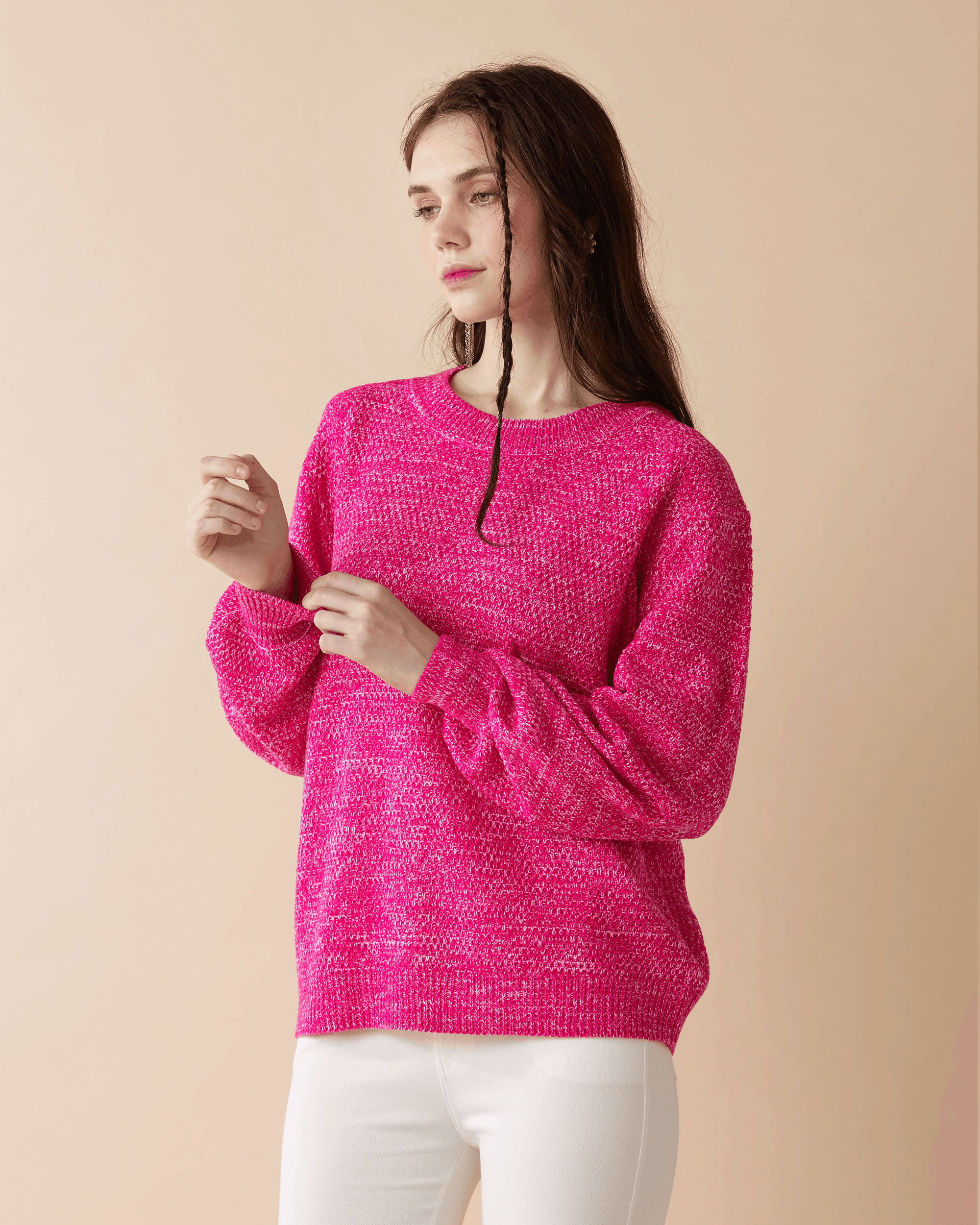 Round Neck Balloon Sleeve Sweater - Fuchsia - noflik