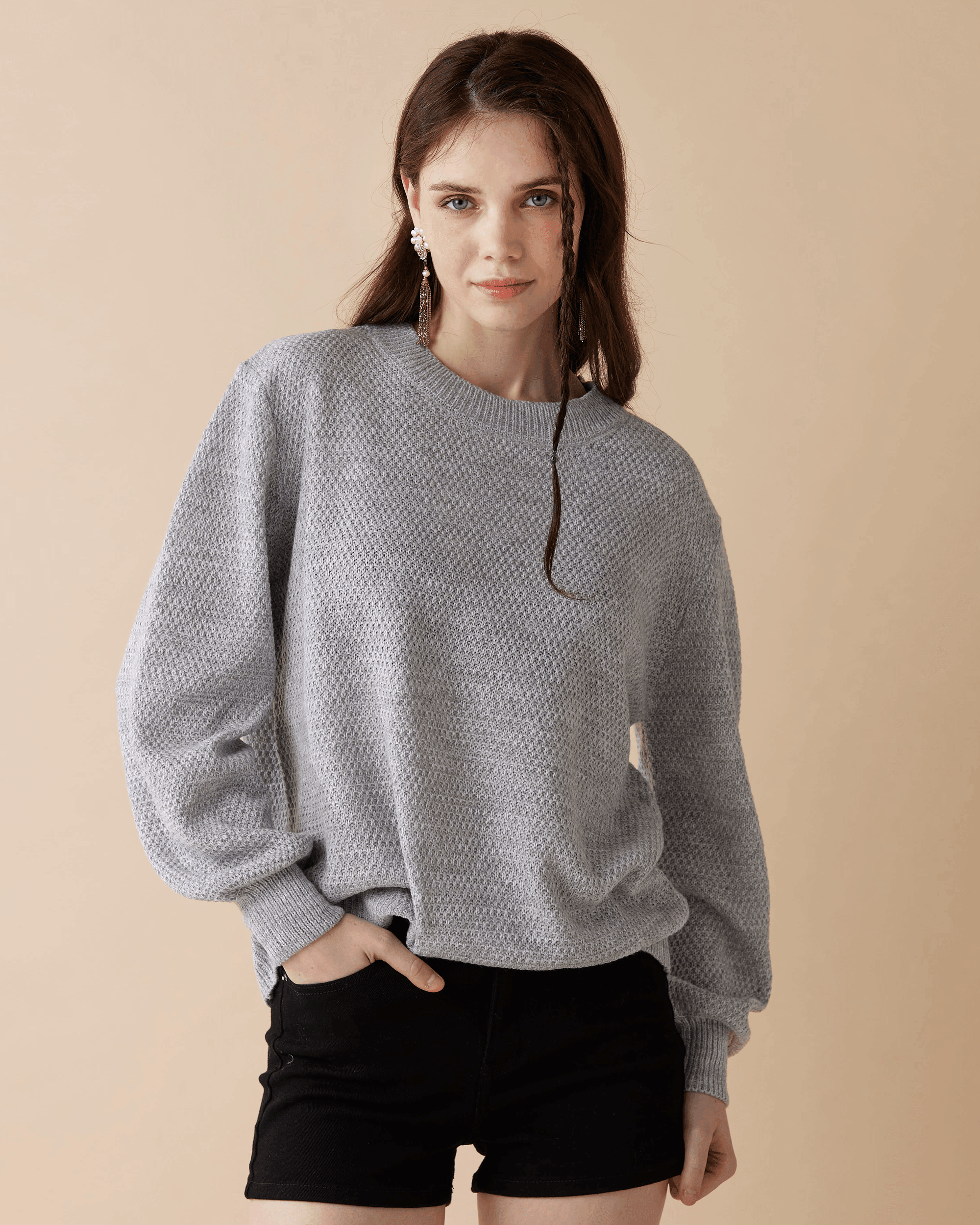 Round Neck Balloon Sleeve Sweater - H.Grey - noflik