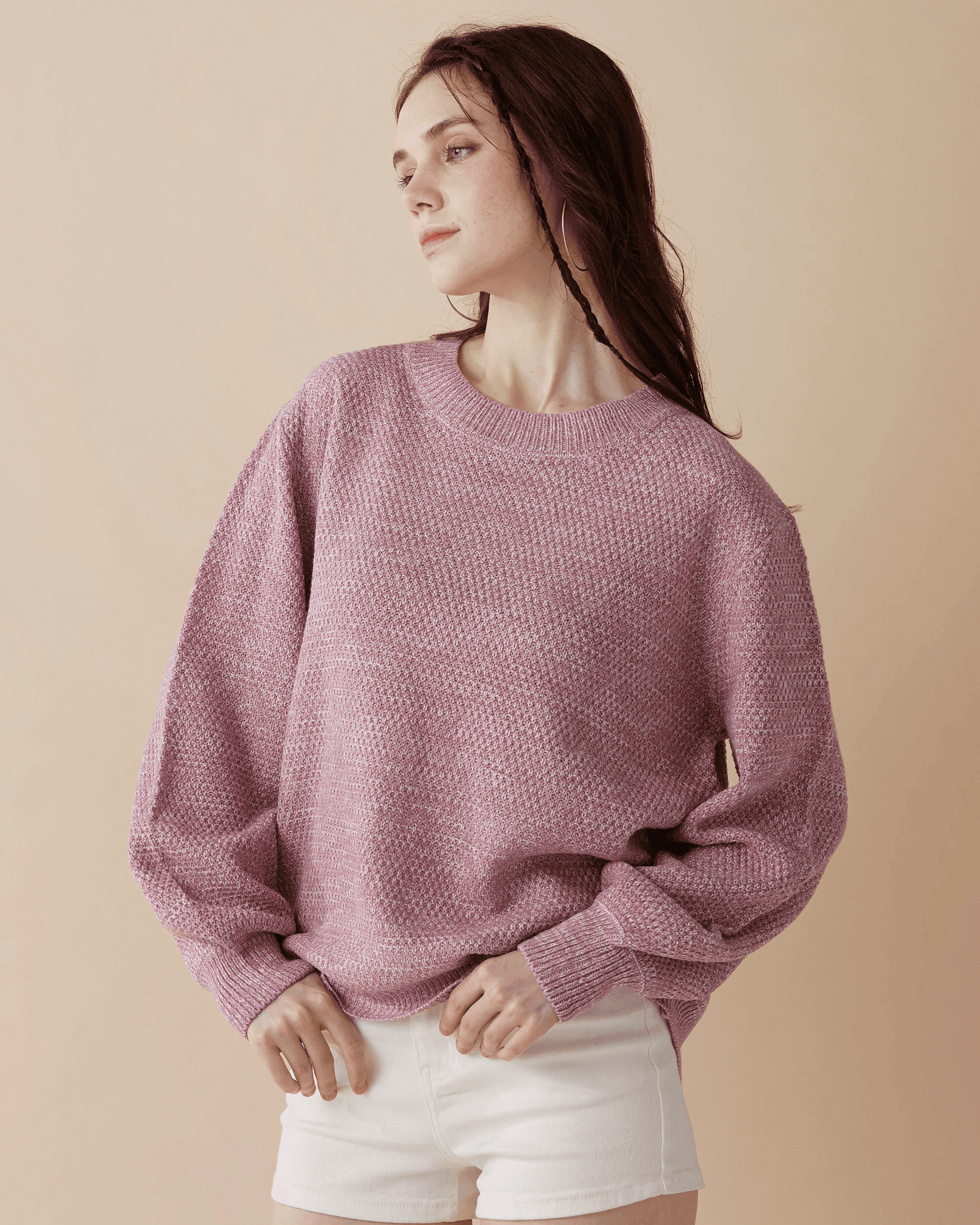 Round Neck Balloon Sleeve Sweater - LT.Rose - noflik