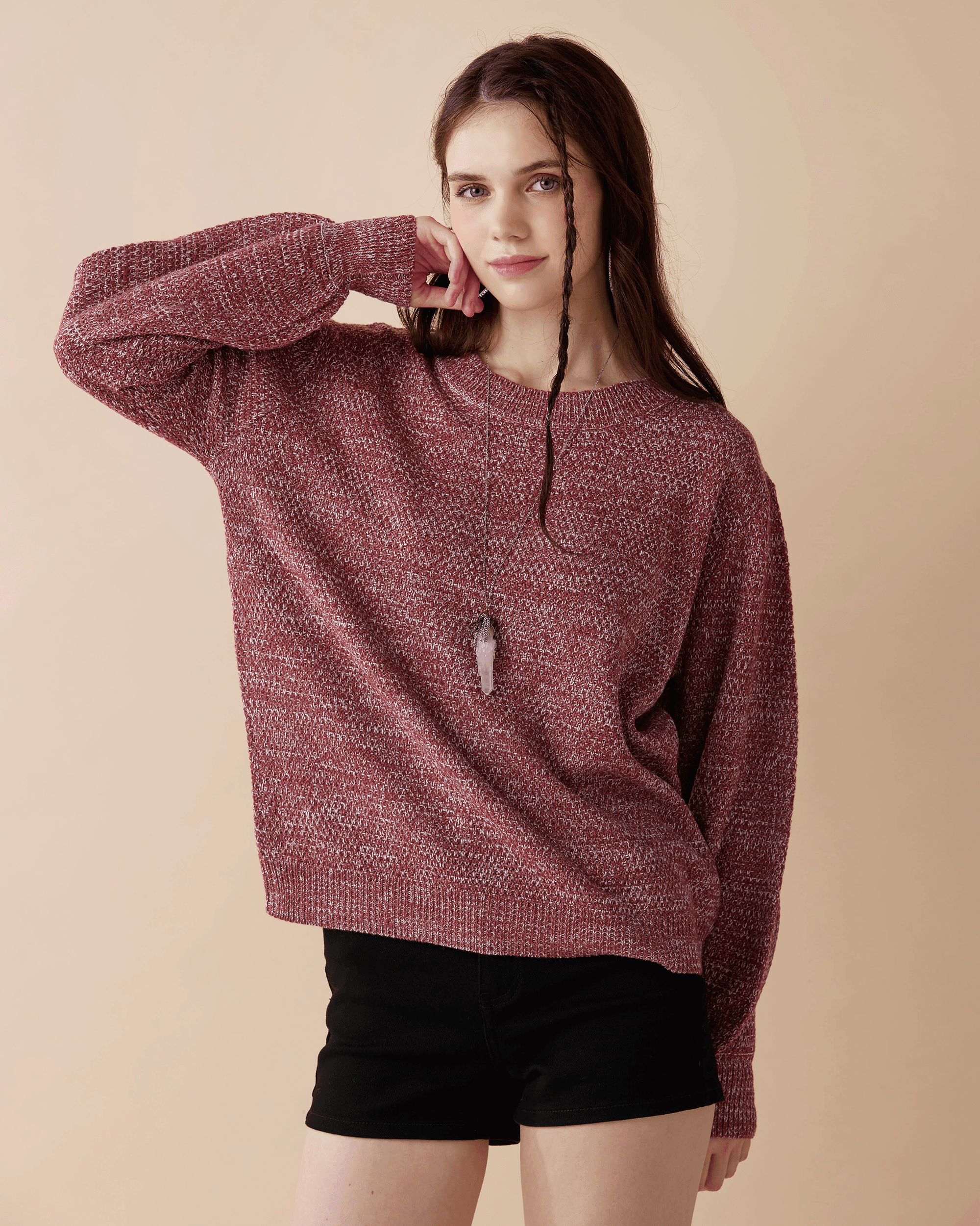 Round Neck Balloon Sleeve Sweater - Marsala - noflik