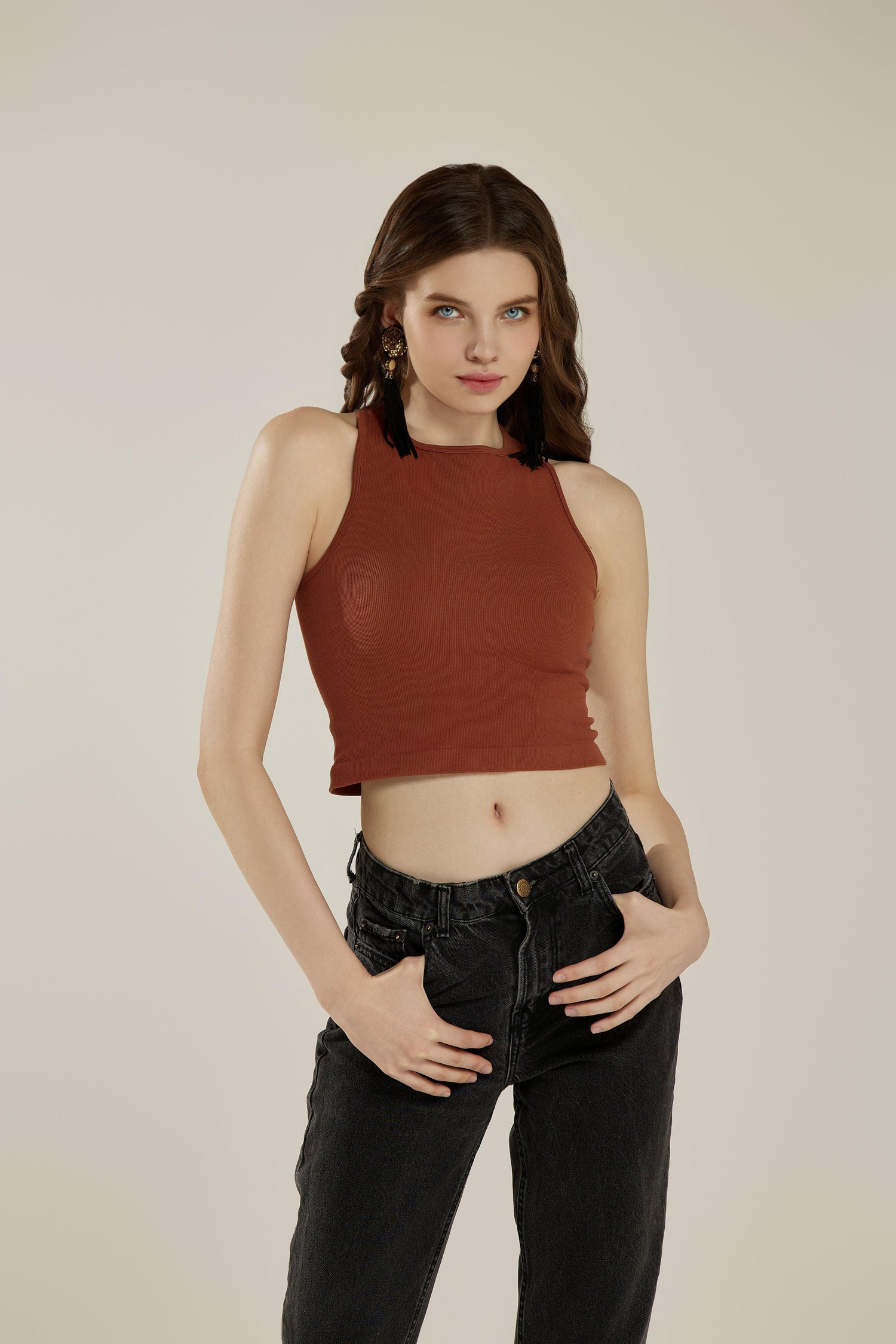 Seamless High Neck Racerback Crop Top - Brown - noflik