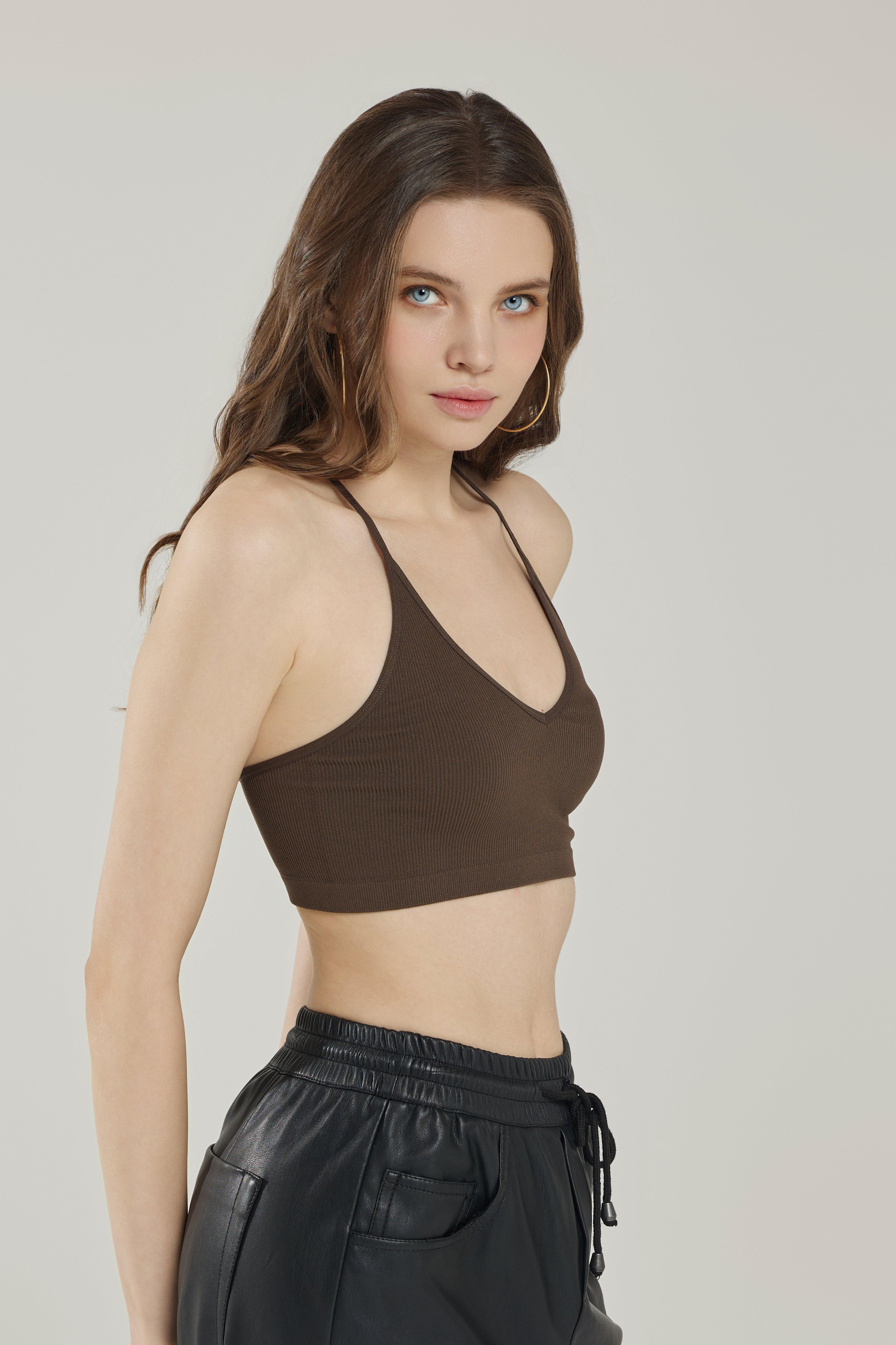 Seamless Triangle lace Ribbed Knit Bralette - Chocolate Brown - noflik