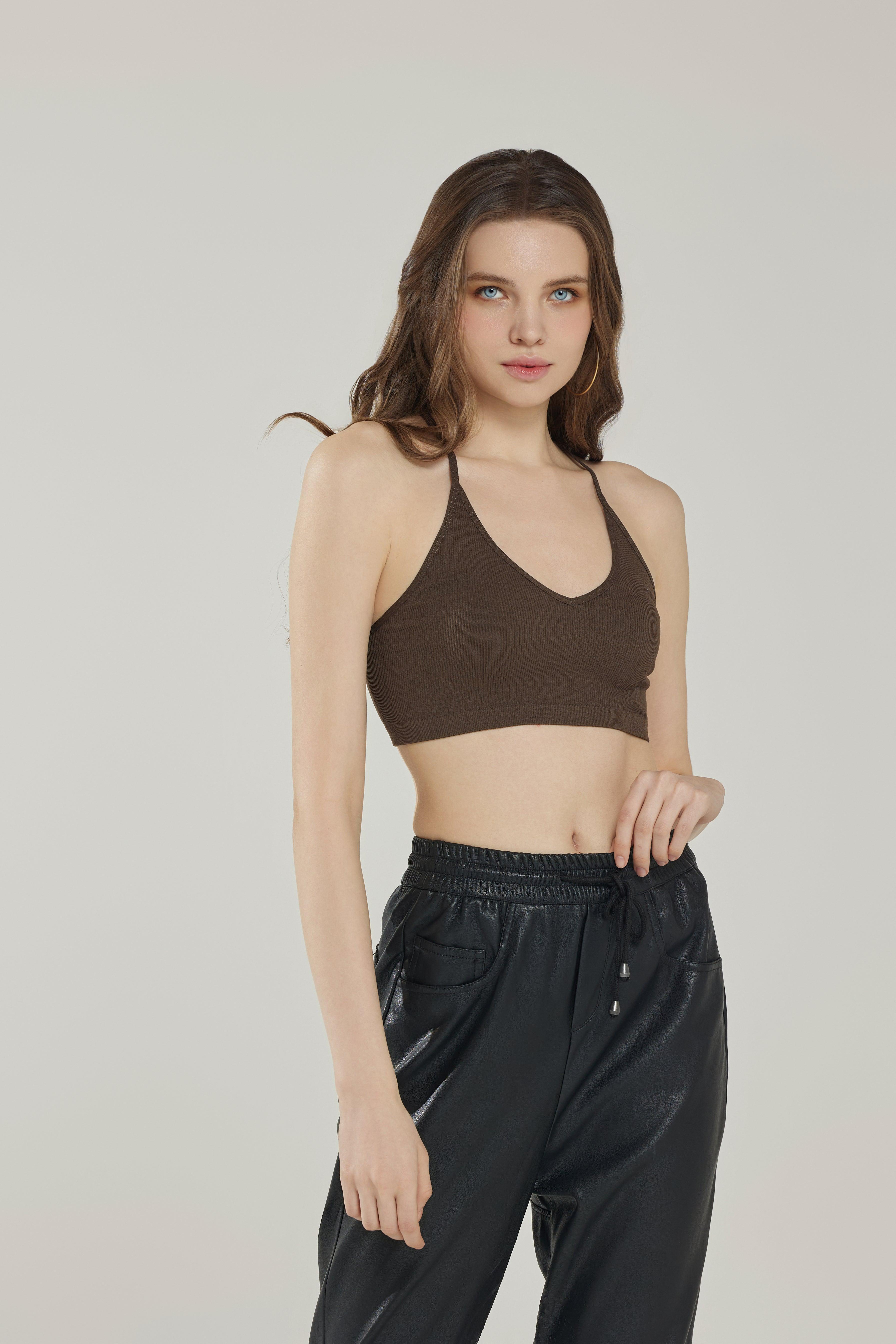 Seamless Triangle lace Ribbed Knit Bralette - Chocolate Brown - noflik