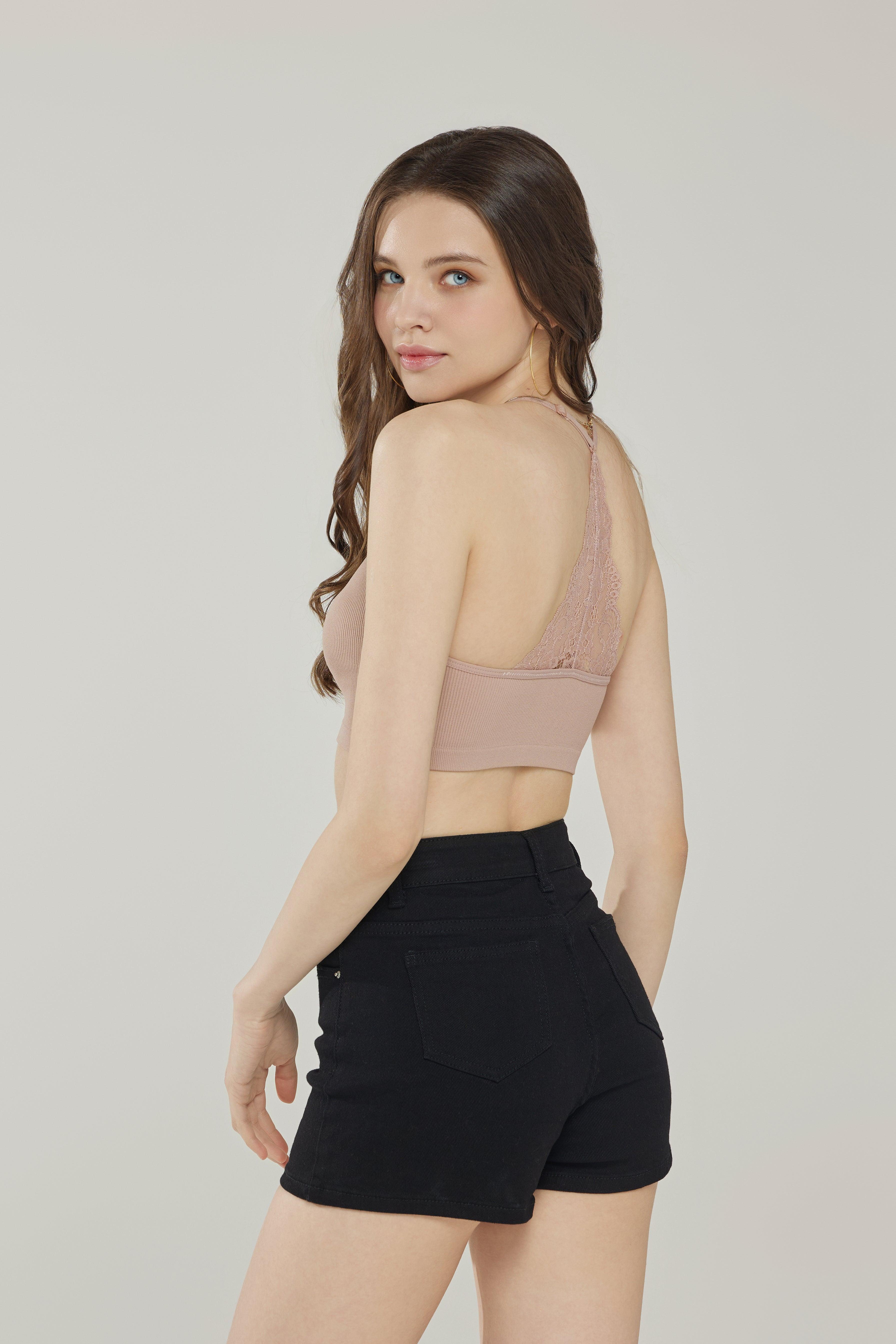 Seamless Triangle lace Ribbed Knit Bralette - Fawn - noflik