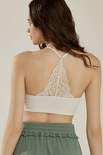 Seamless Triangle lace Ribbed Knit Bralette - Ivory - noflik