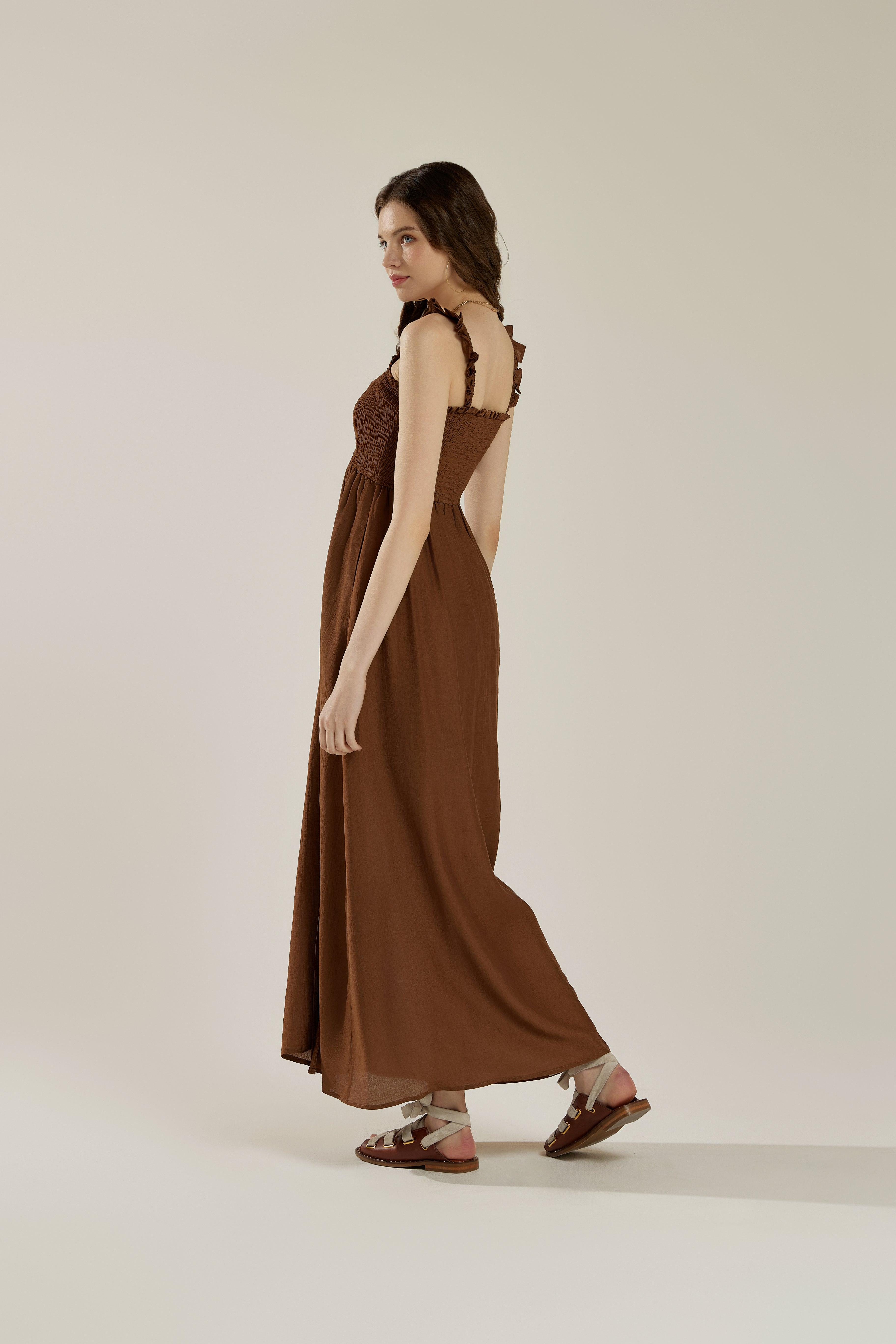 Sleeveless Ruffle straps Smocked top High Slit detail Maxi Dress - Chocolate - noflik