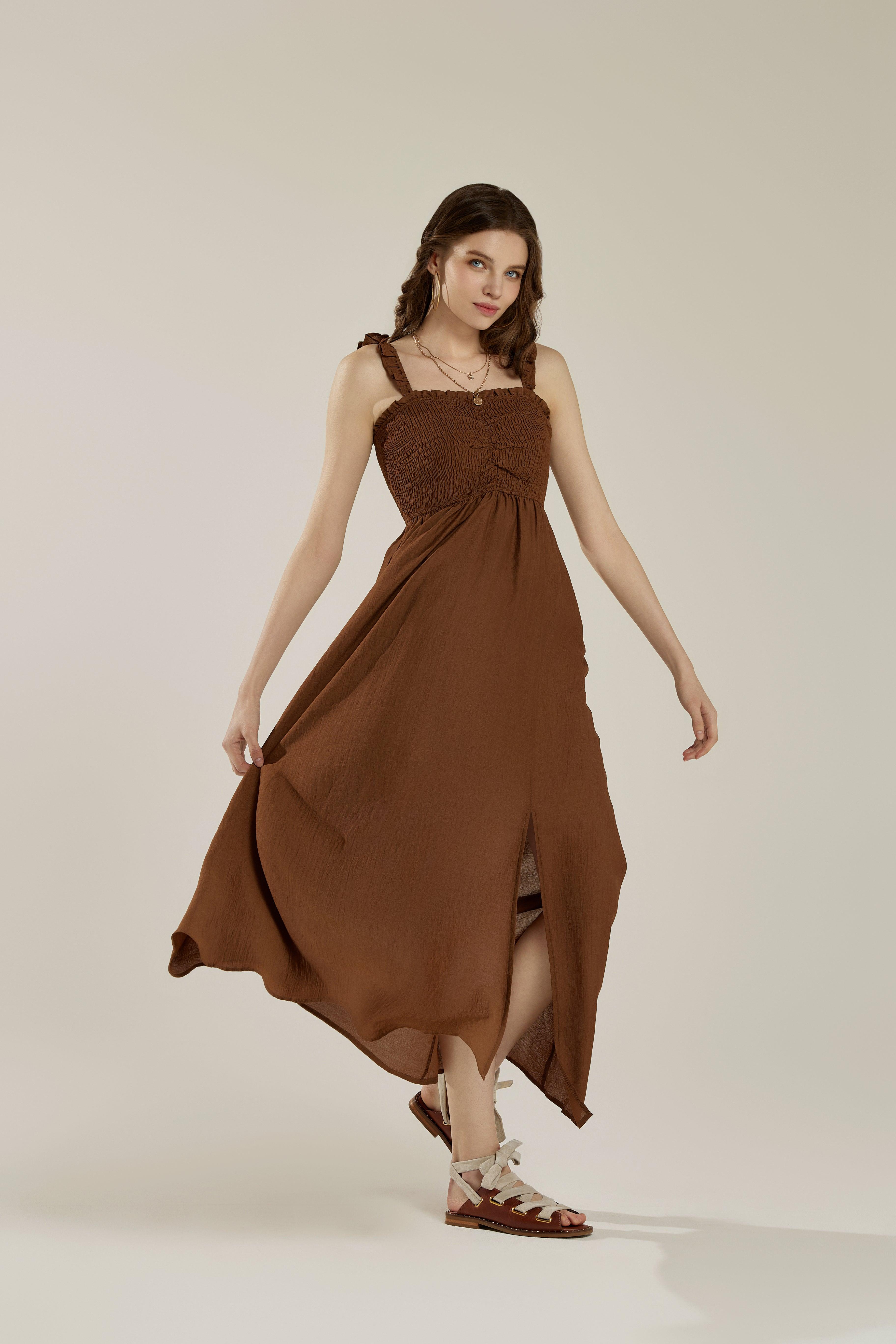 Sleeveless Ruffle straps Smocked top High Slit detail Maxi Dress - Chocolate - noflik