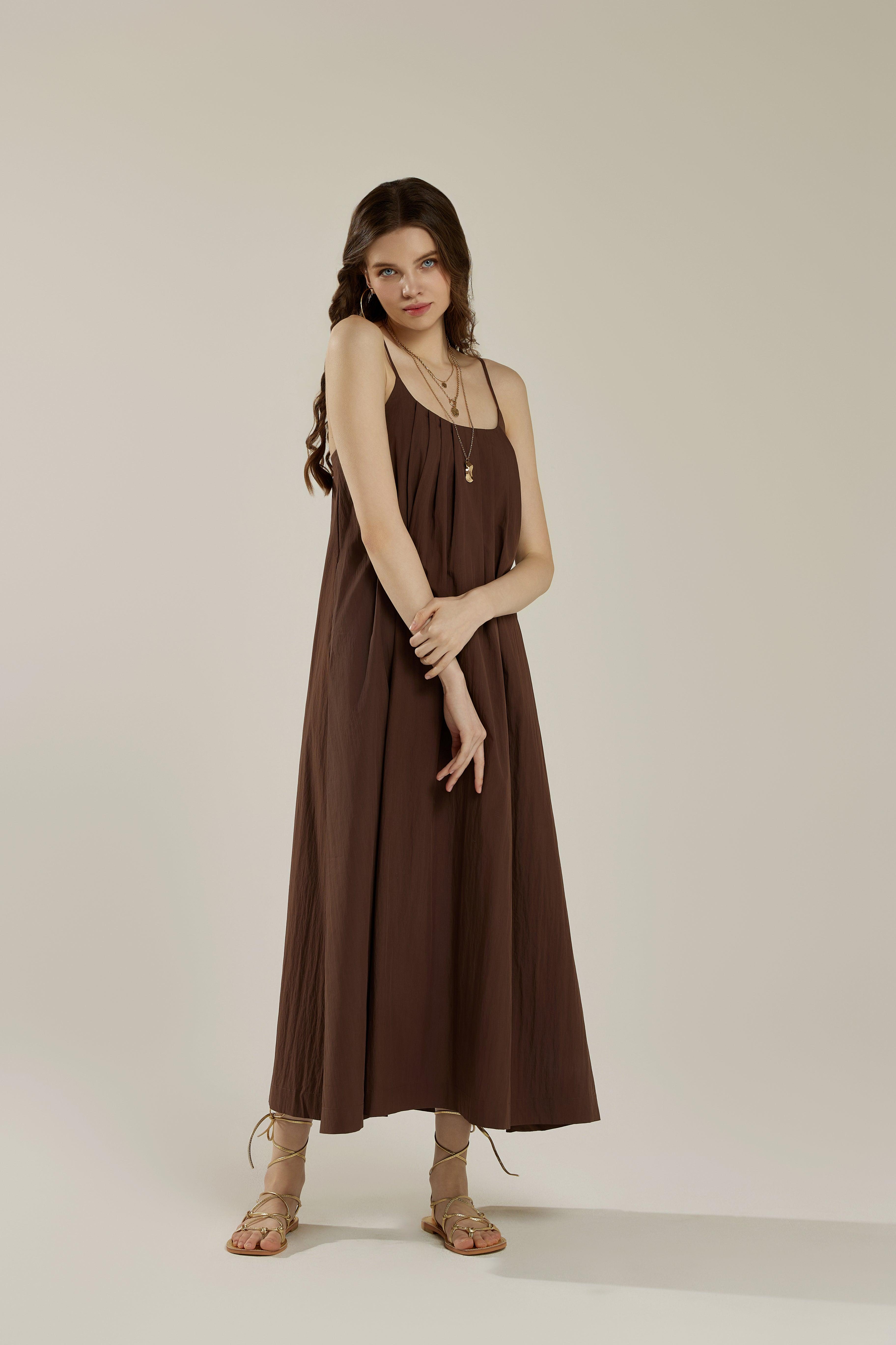 Sleeveless Tuck Detail Maxi Dress with tie back - Chocolate - noflik