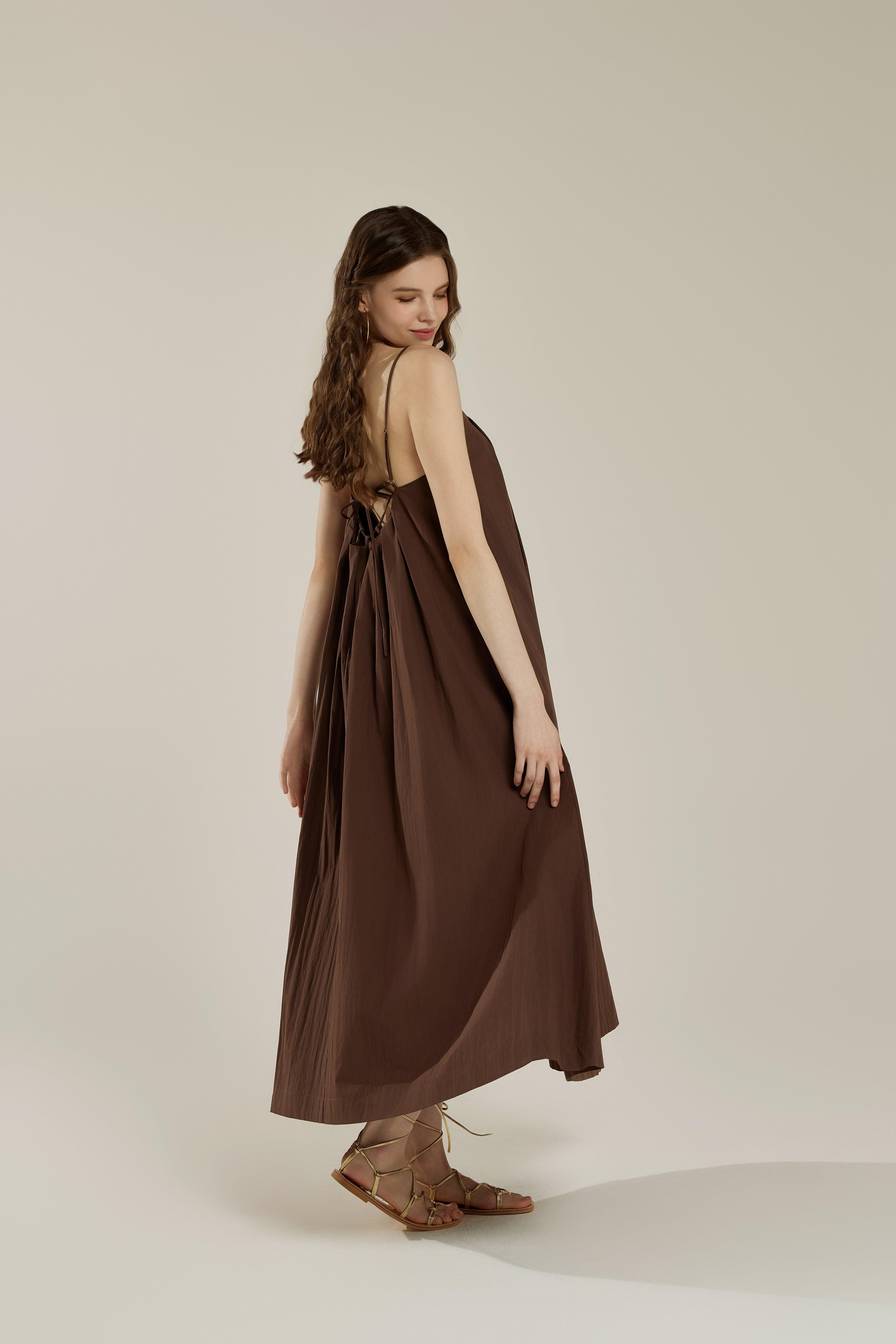 Sleeveless Tuck Detail Maxi Dress with tie back - Chocolate - noflik