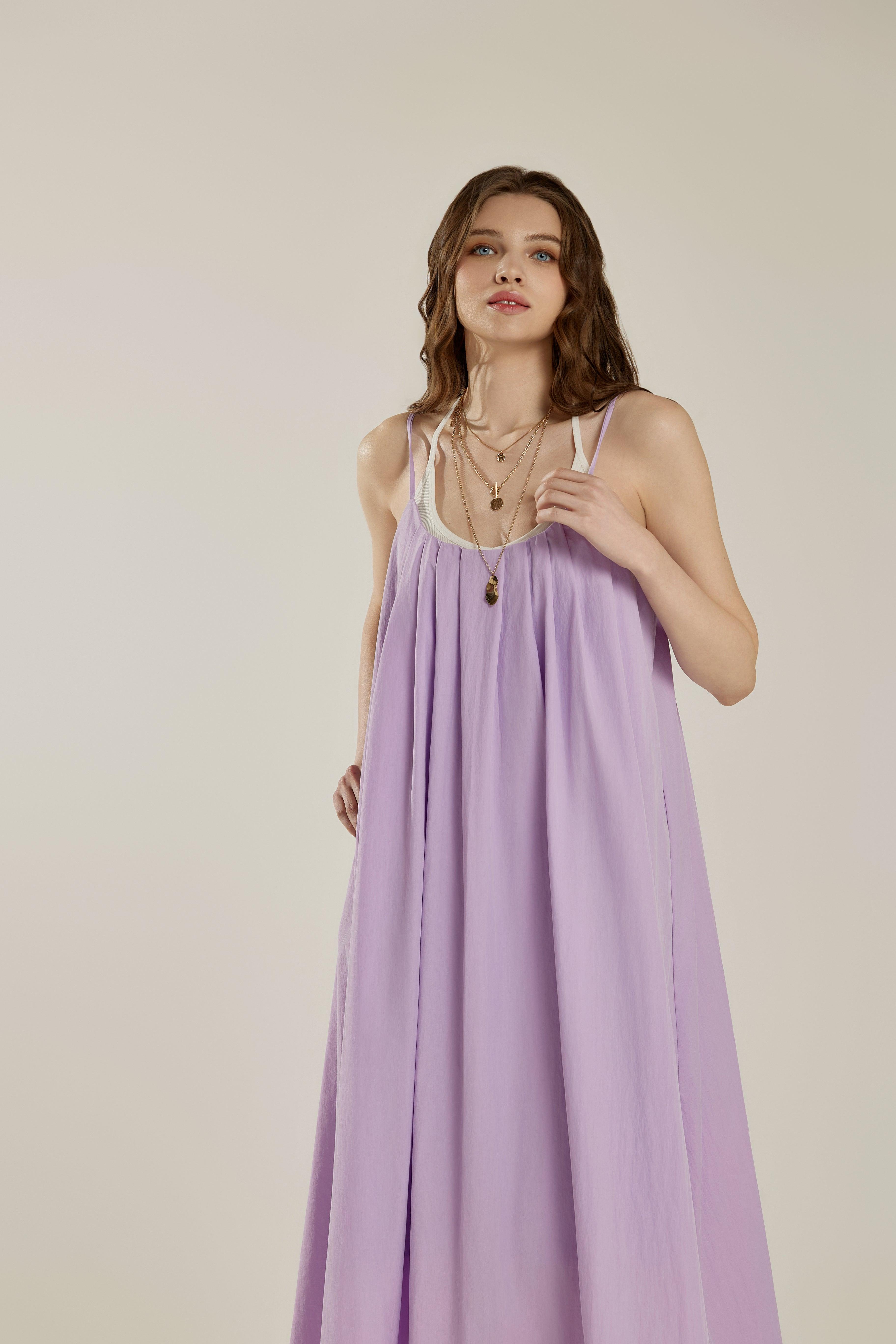 Sleeveless Tuck Detail Maxi Dress with tie back - Lavender - noflik