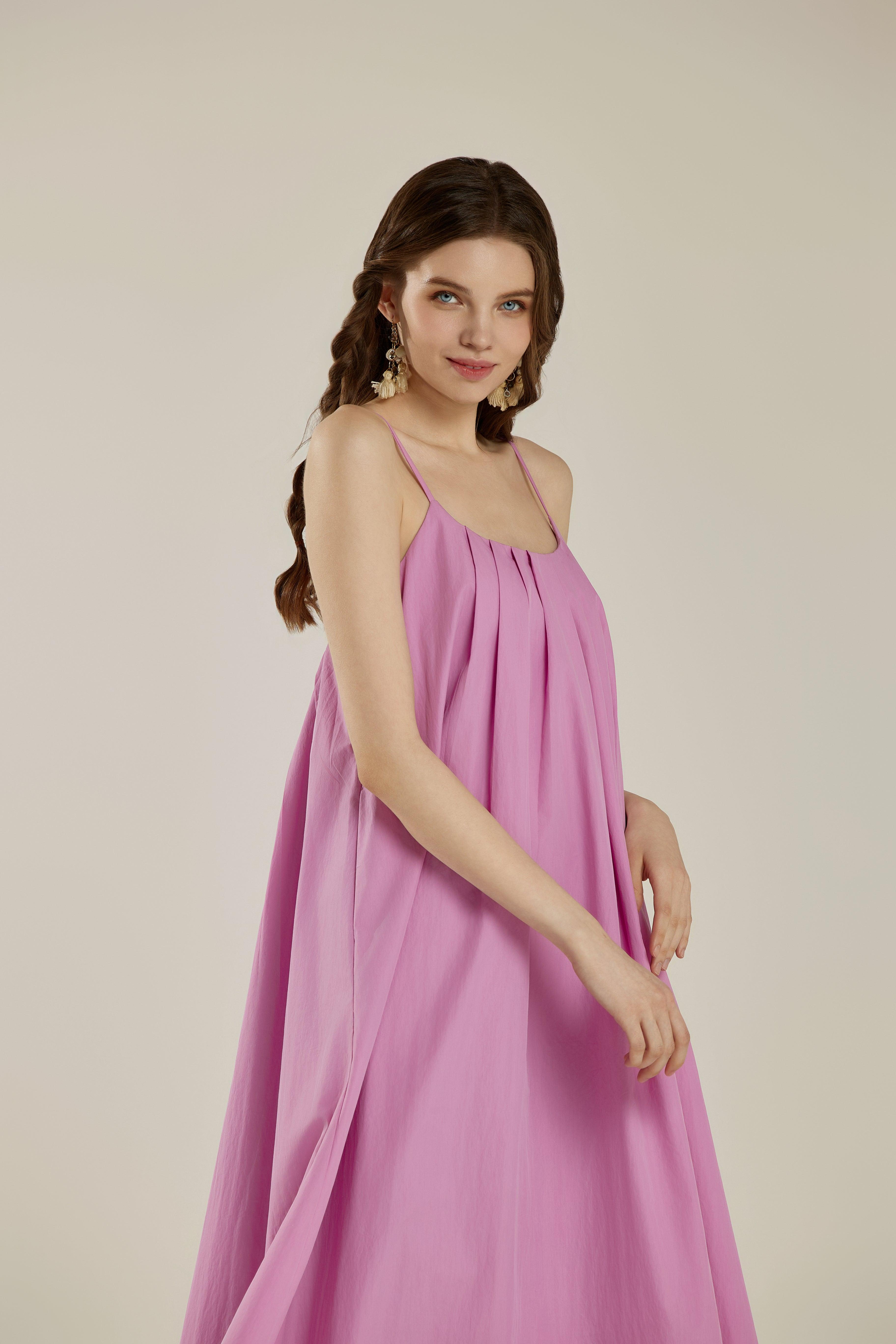 Sleeveless Tuck Detail Maxi Dress with tie back - Pink - noflik