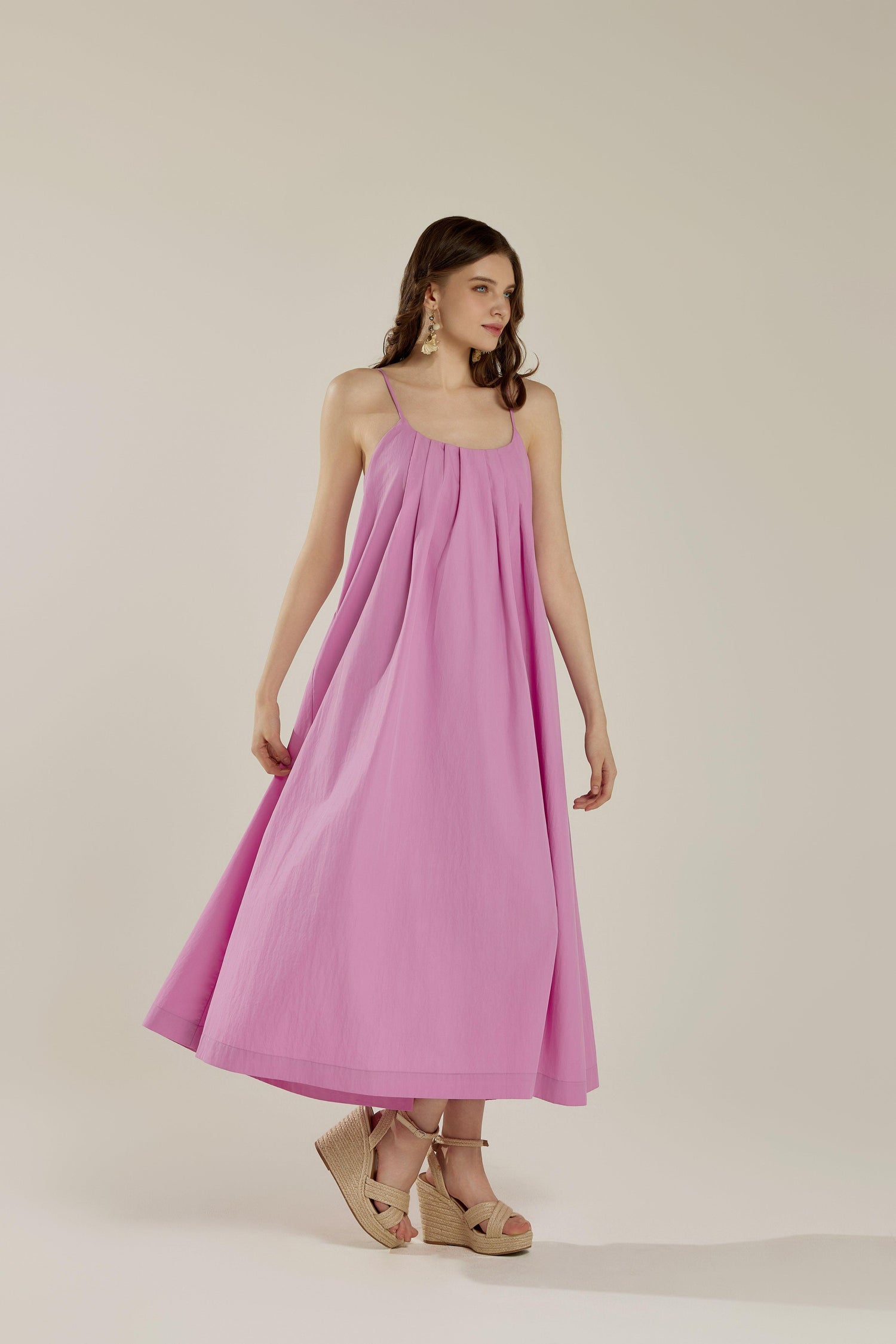 Sleeveless Tuck Detail Maxi Dress with tie back - Pink - noflik