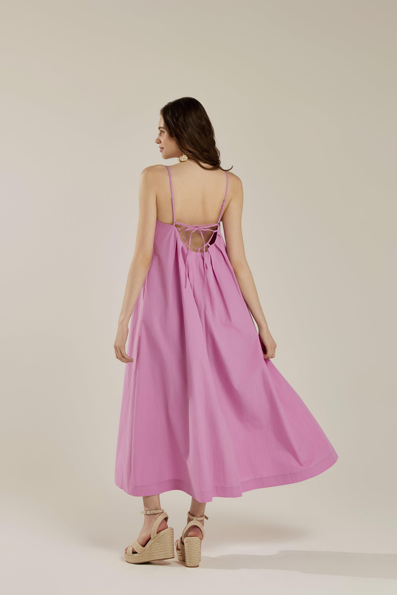 Sleeveless Tuck Detail Maxi Dress with tie back - Pink - noflik