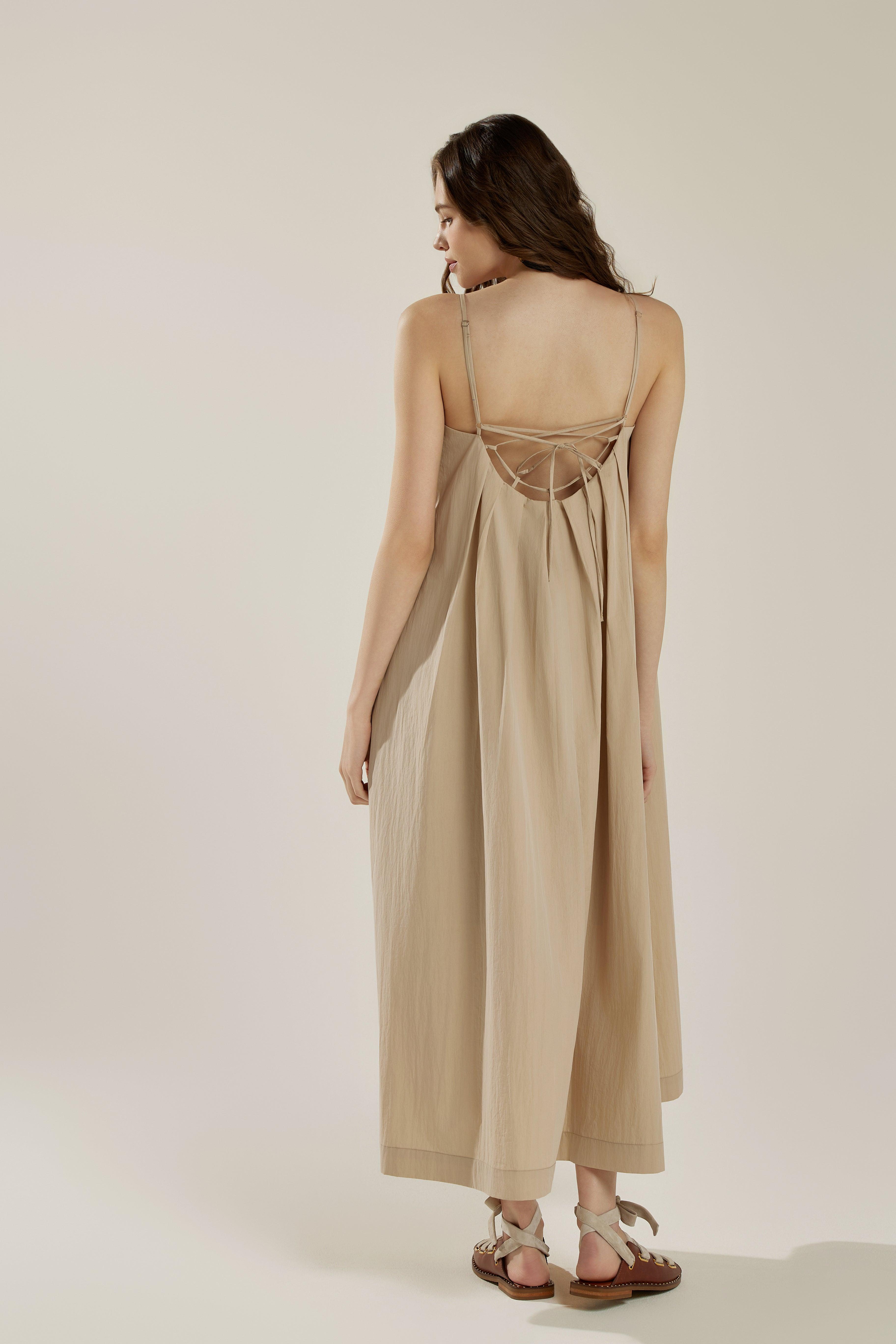 Sleeveless Tuck Detail Maxi Dress with tie back - Taupe - noflik