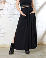 Smocked Waist Patched Pocket Maxi Skirt - Black - noflik