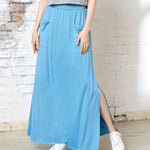 Blue Grey Maxi Skirt - Smocked Waist & Patched Pockets