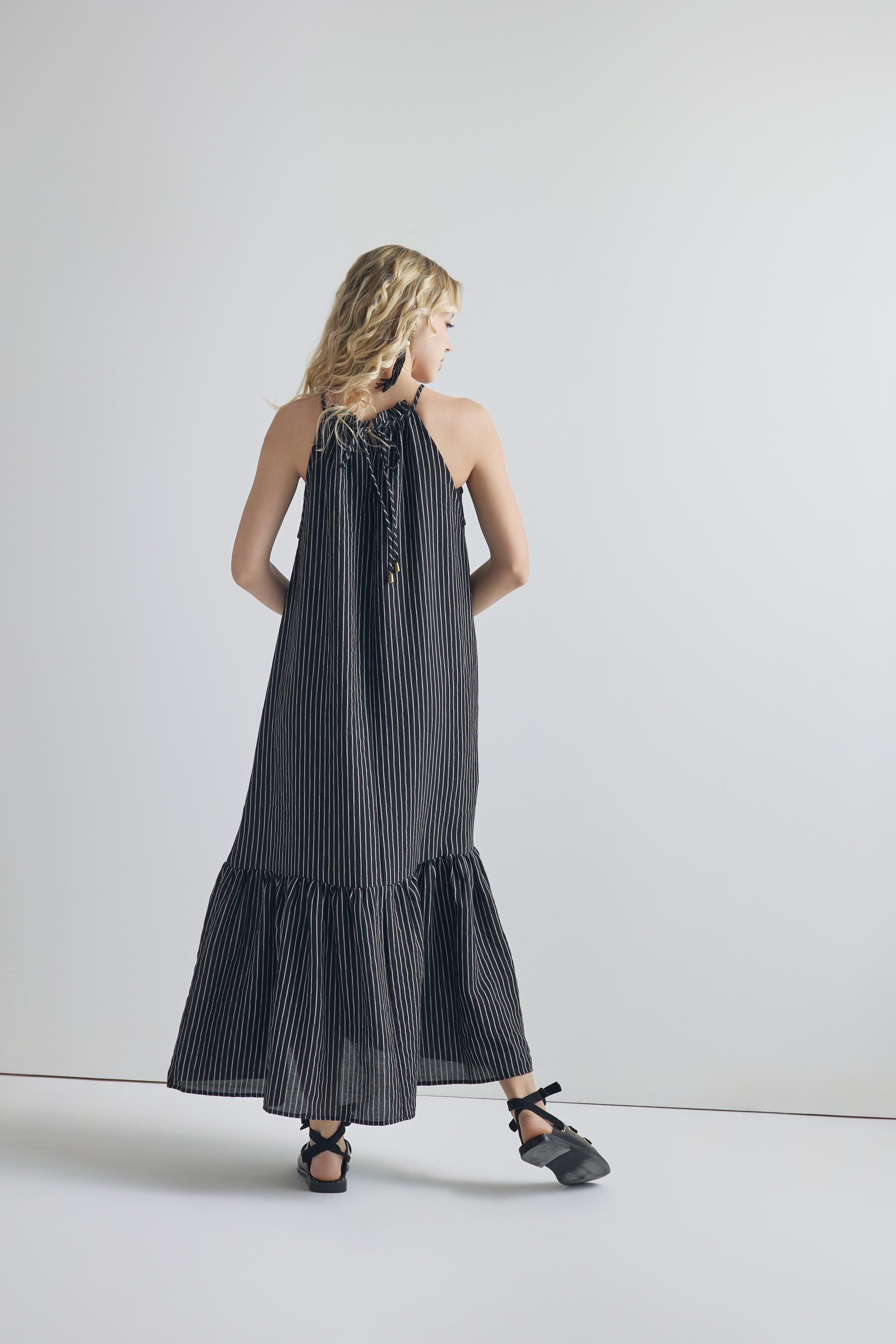Striped High Ruffled Neckline Tiered Maxi Dress - Black/White - noflik