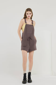 Summer Casual Sleeveless Stroll Adjustable Strap Drawstring Pocketed Overall Rompers - Chocolate - noflik