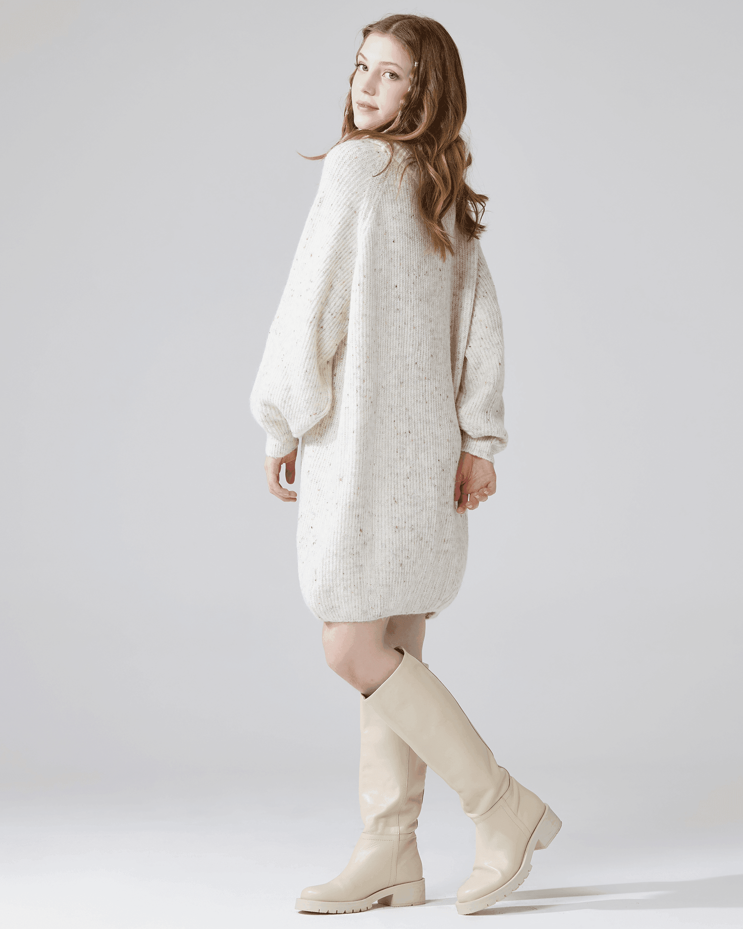 Turtleneck Balloon Sleeve Sweater Dress - Ivory/Cream - noflik