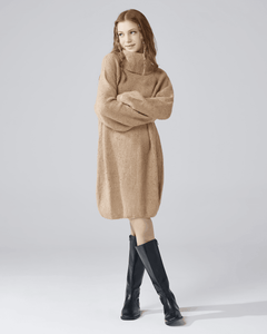 Turtleneck Balloon Sleeve Sweater Dress - Taupe/Brown - noflik