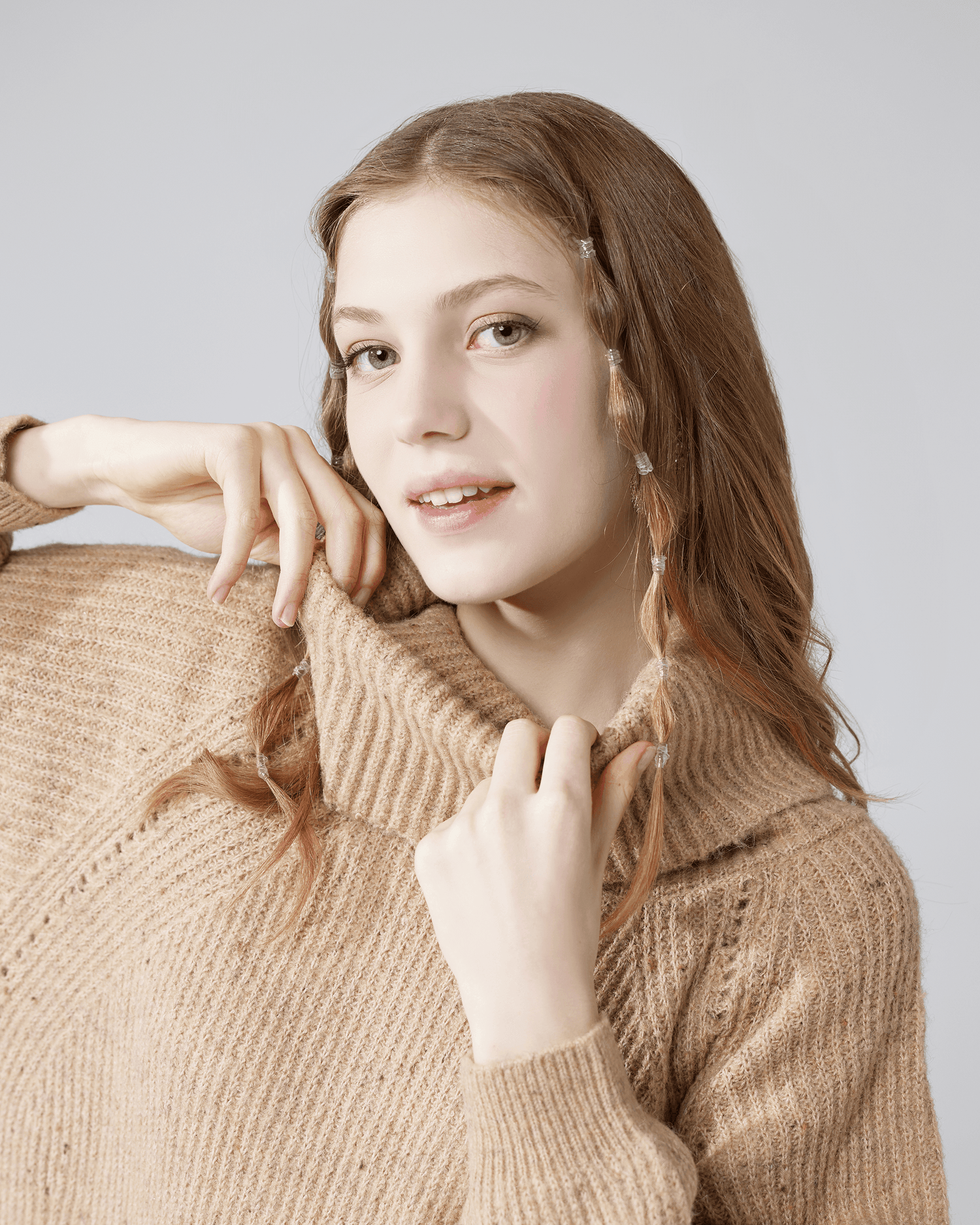 Turtleneck Balloon Sleeve Sweater Dress - Taupe/Brown - noflik