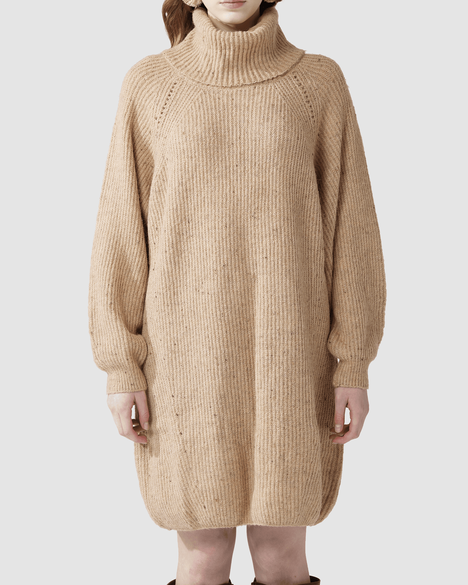 Turtleneck Balloon Sleeve Sweater Dress - Taupe/Brown - noflik