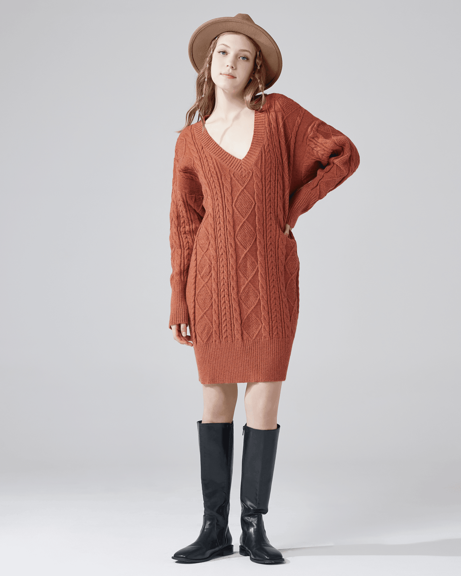 V-Neck Cable Knit Sweater Dress - Brick - noflik