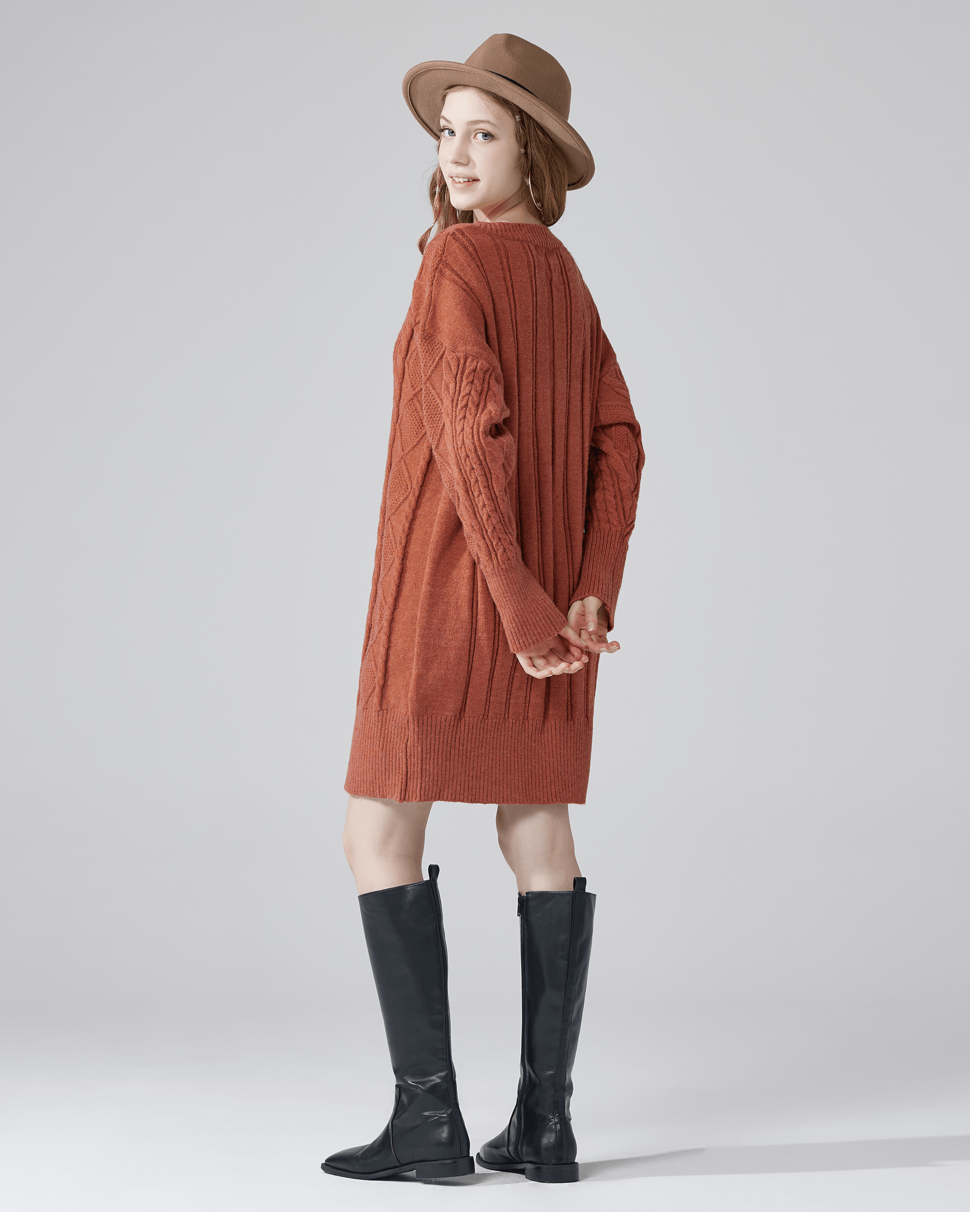 V-Neck Cable Knit Sweater Dress - Brick