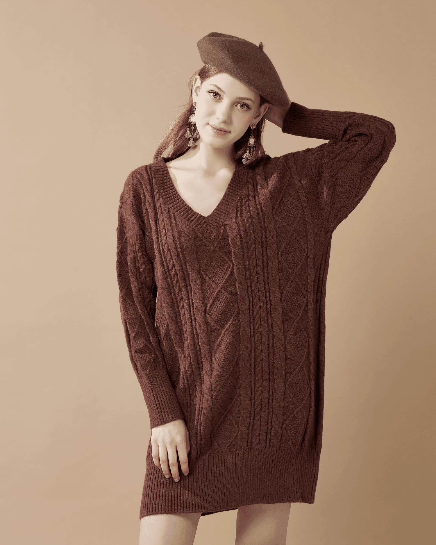 V-Neck Cable Knit Sweater Dress - Chocolate - noflik