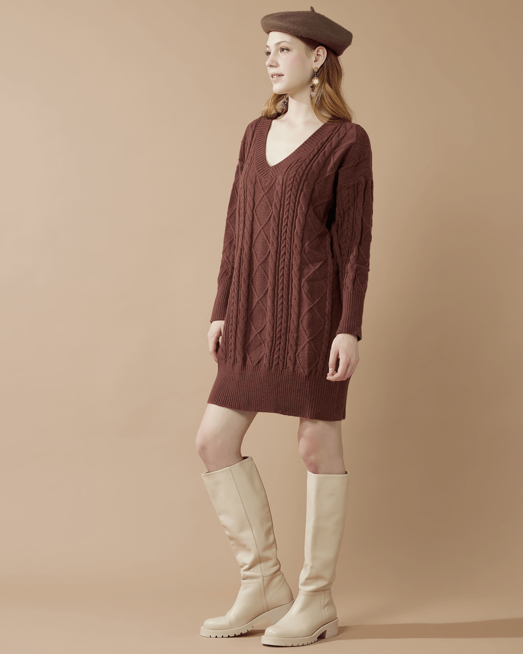 V-Neck Cable Knit Sweater Dress - Chocolate
