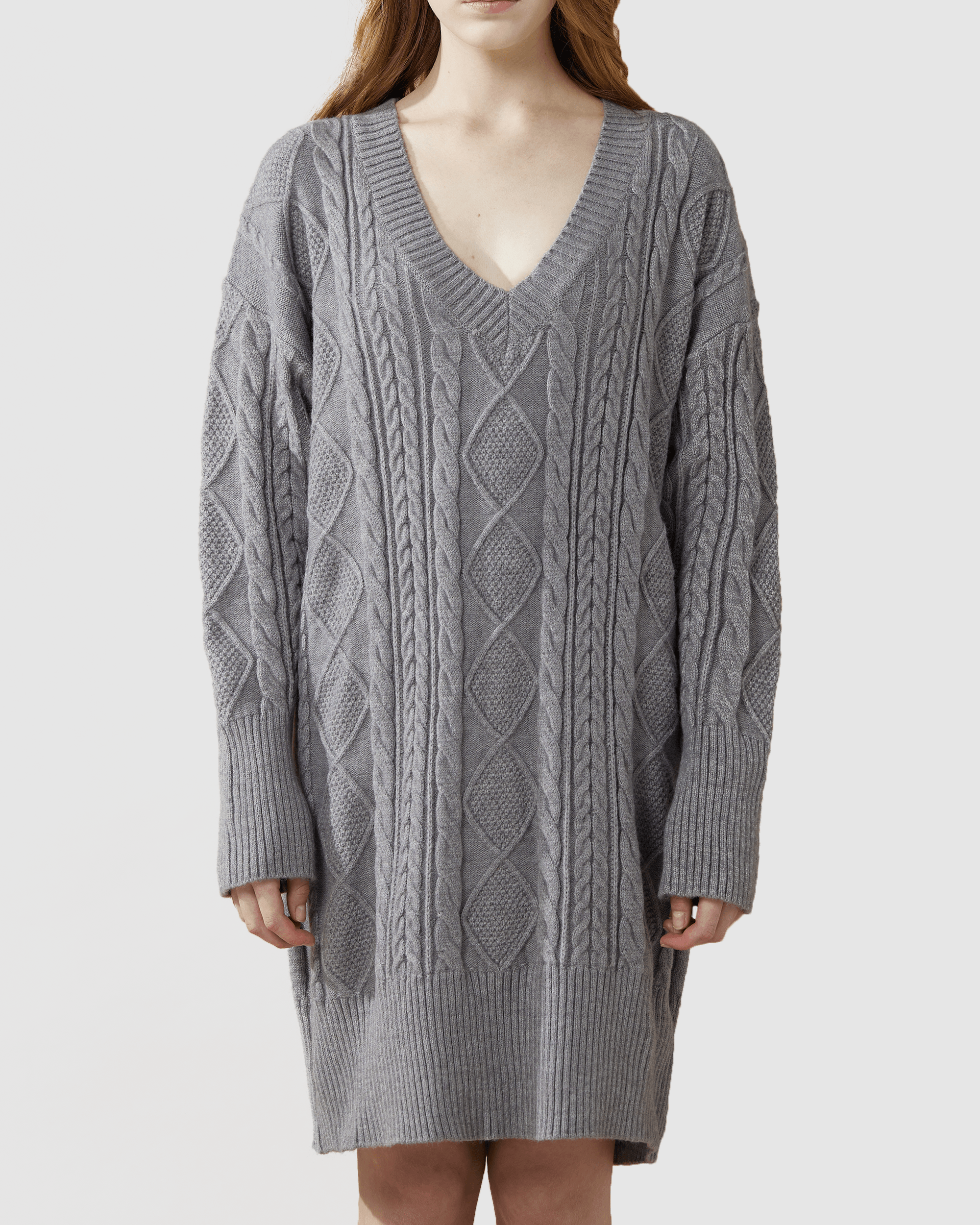 V-Neck Cable Knit Sweater Dress - Grey