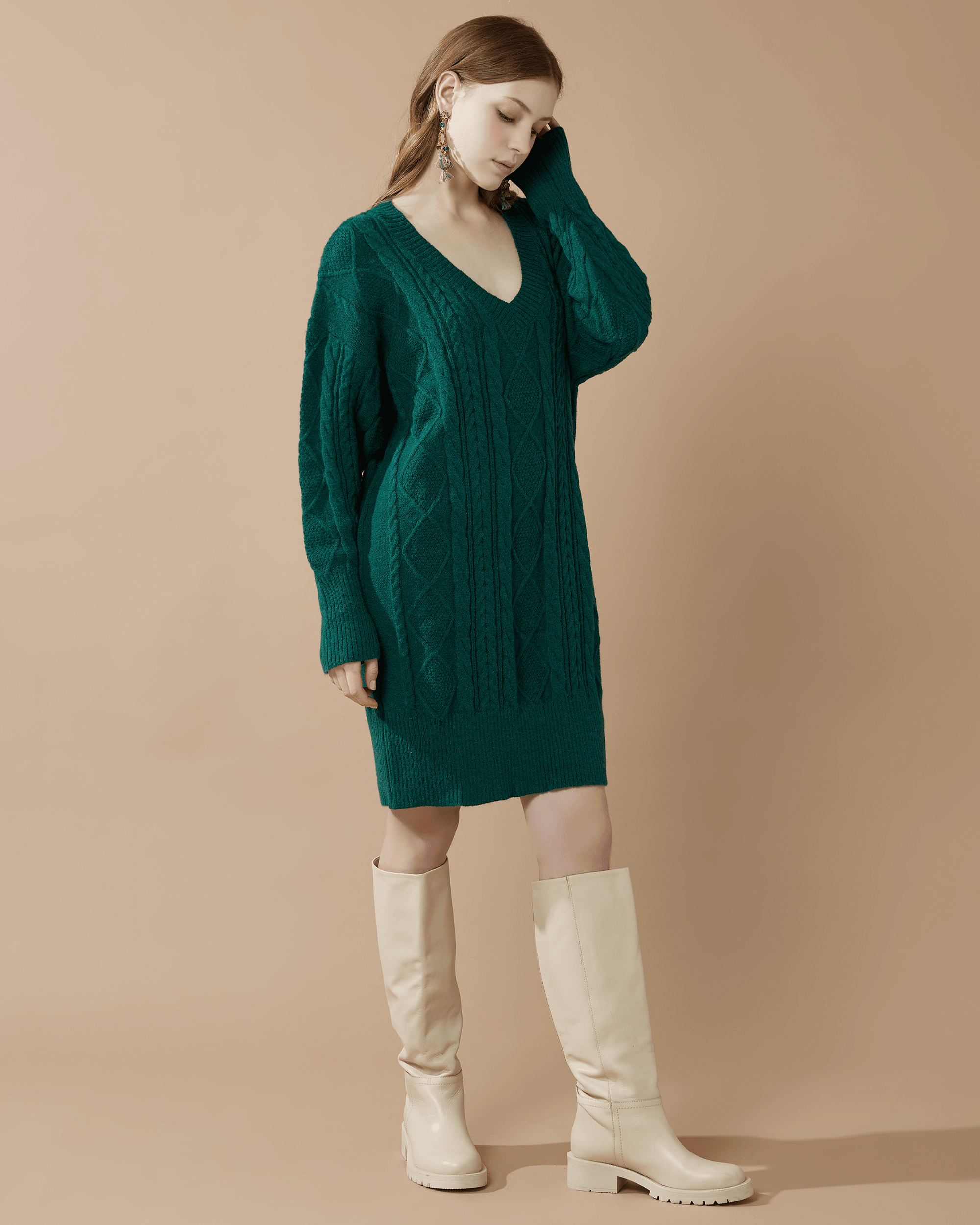 V-Neck Cable Knit Sweater Dress - Hunter Green