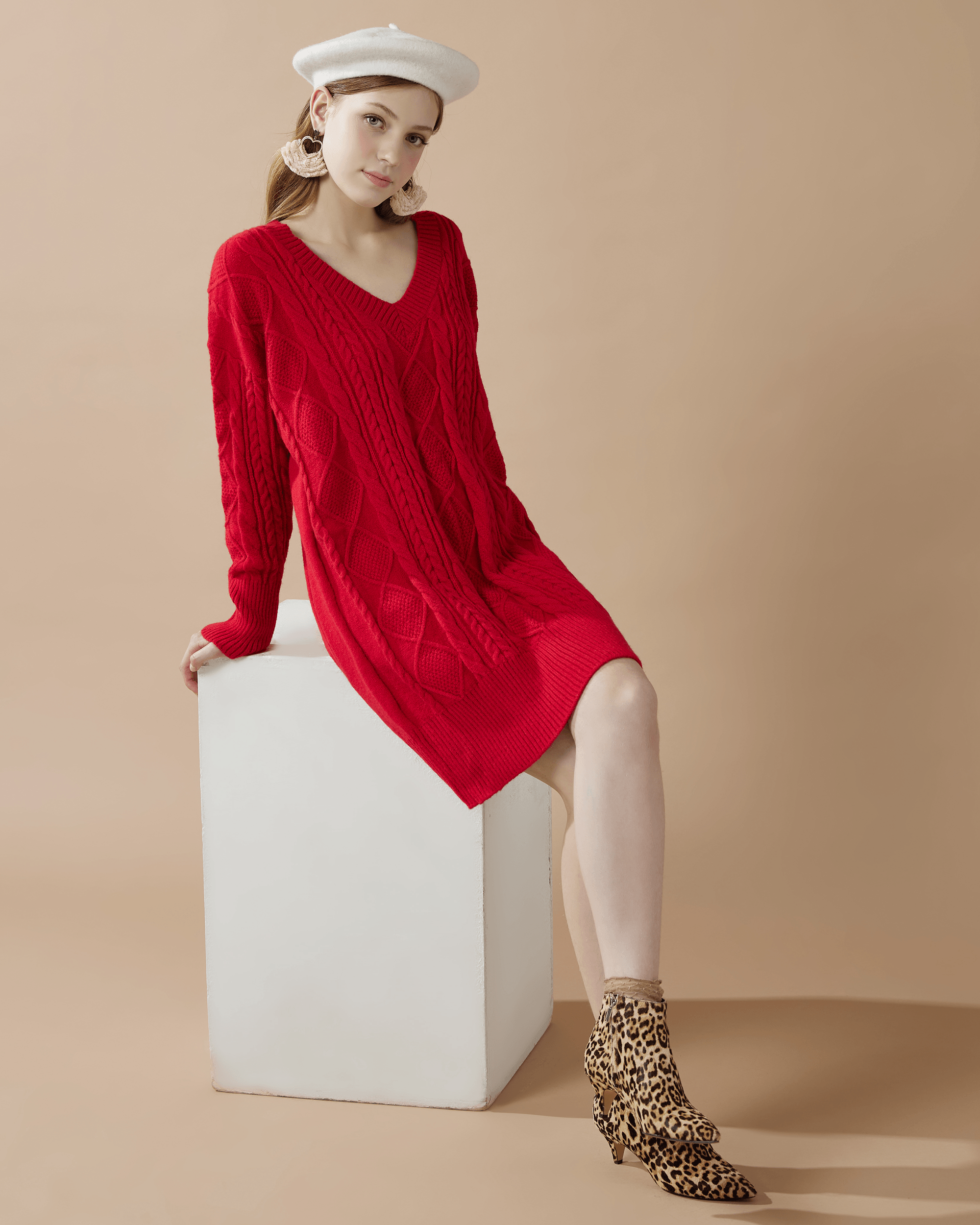V-Neck Cable Knit Sweater Dress - Red