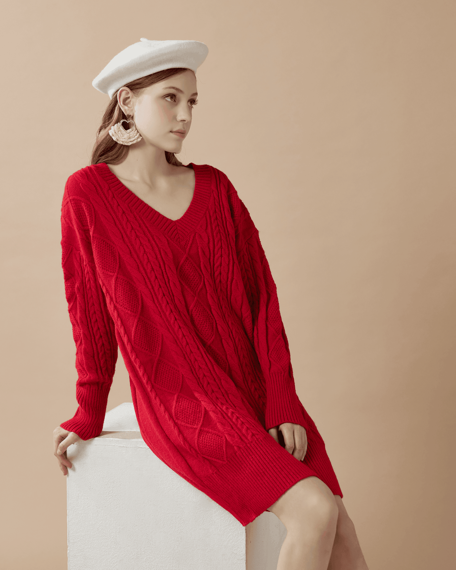 V-Neck Cable Knit Sweater Dress - Red - noflik