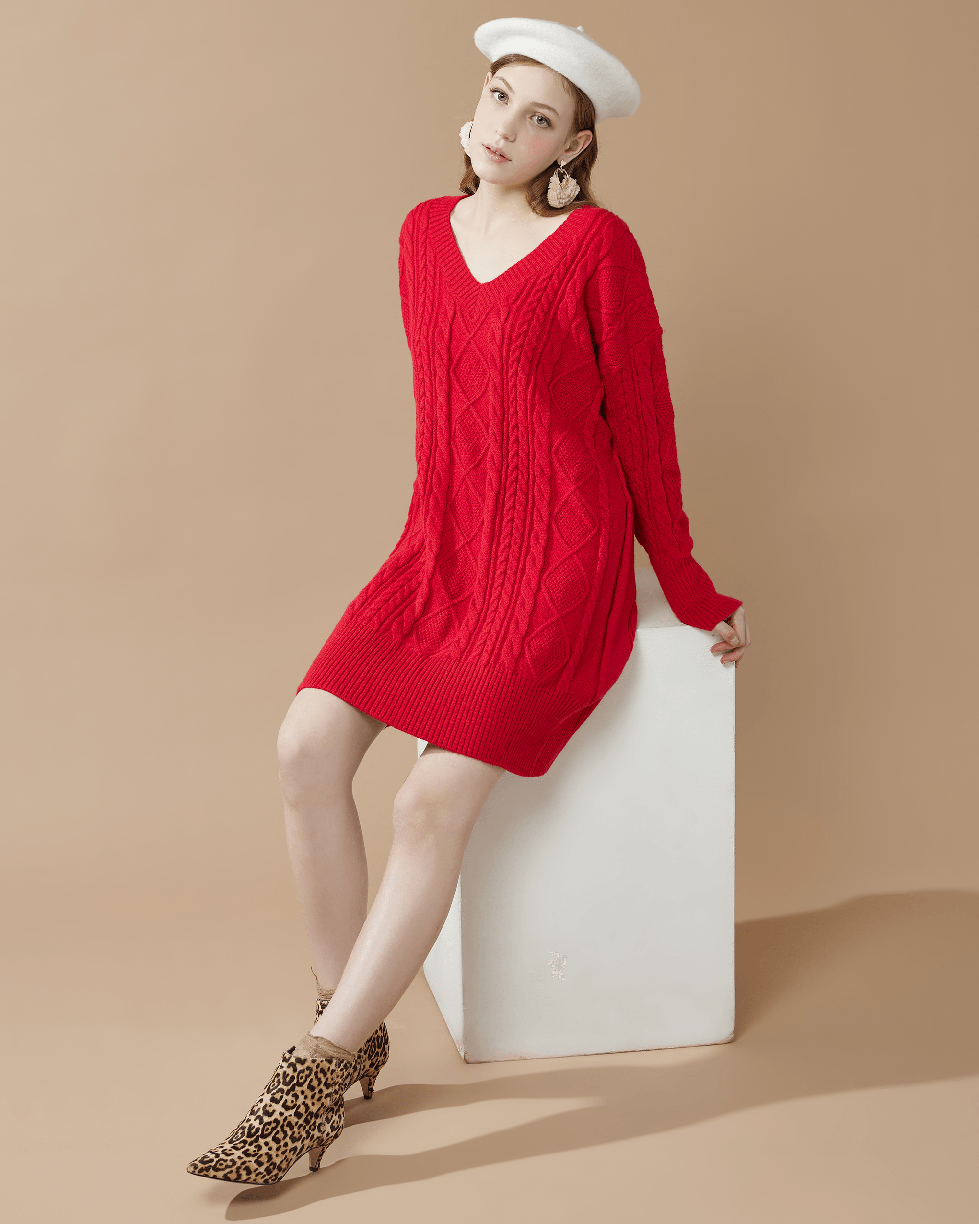 V-Neck Cable Knit Sweater Dress - Red