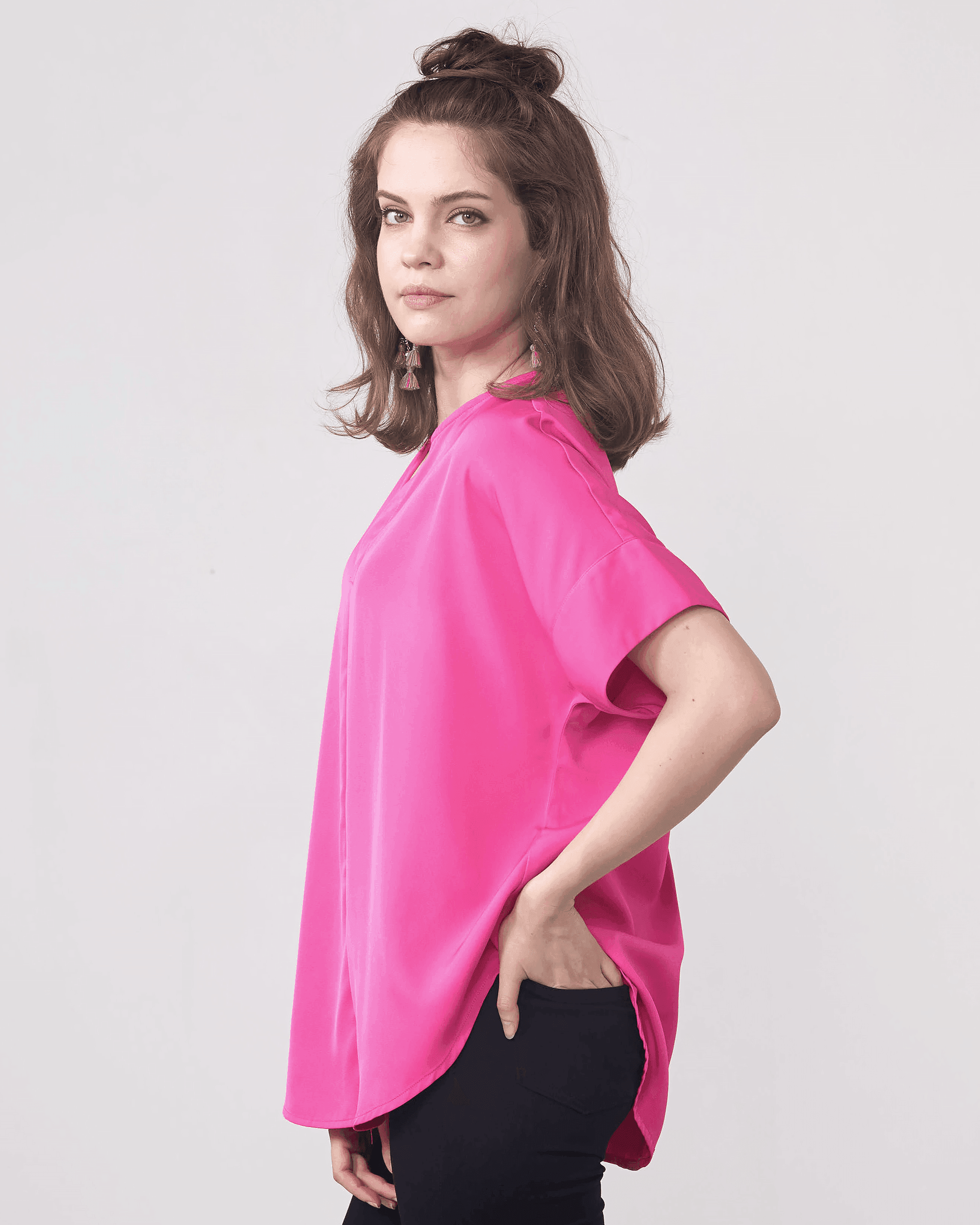 V-Neck Dolman Short Sleeve Top - Fuchsia