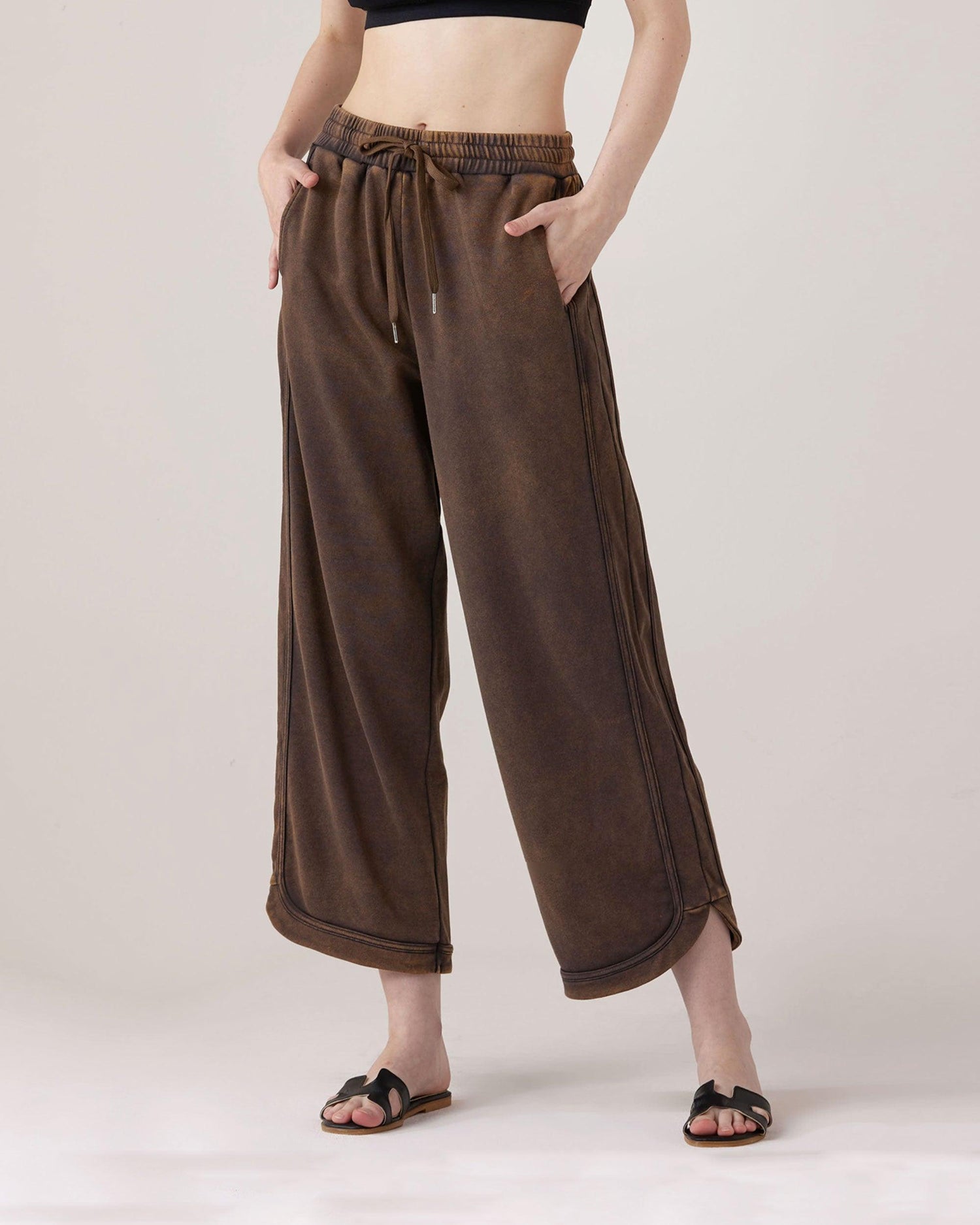 Washed Terry Knit Crop Pants - Brown - noflik