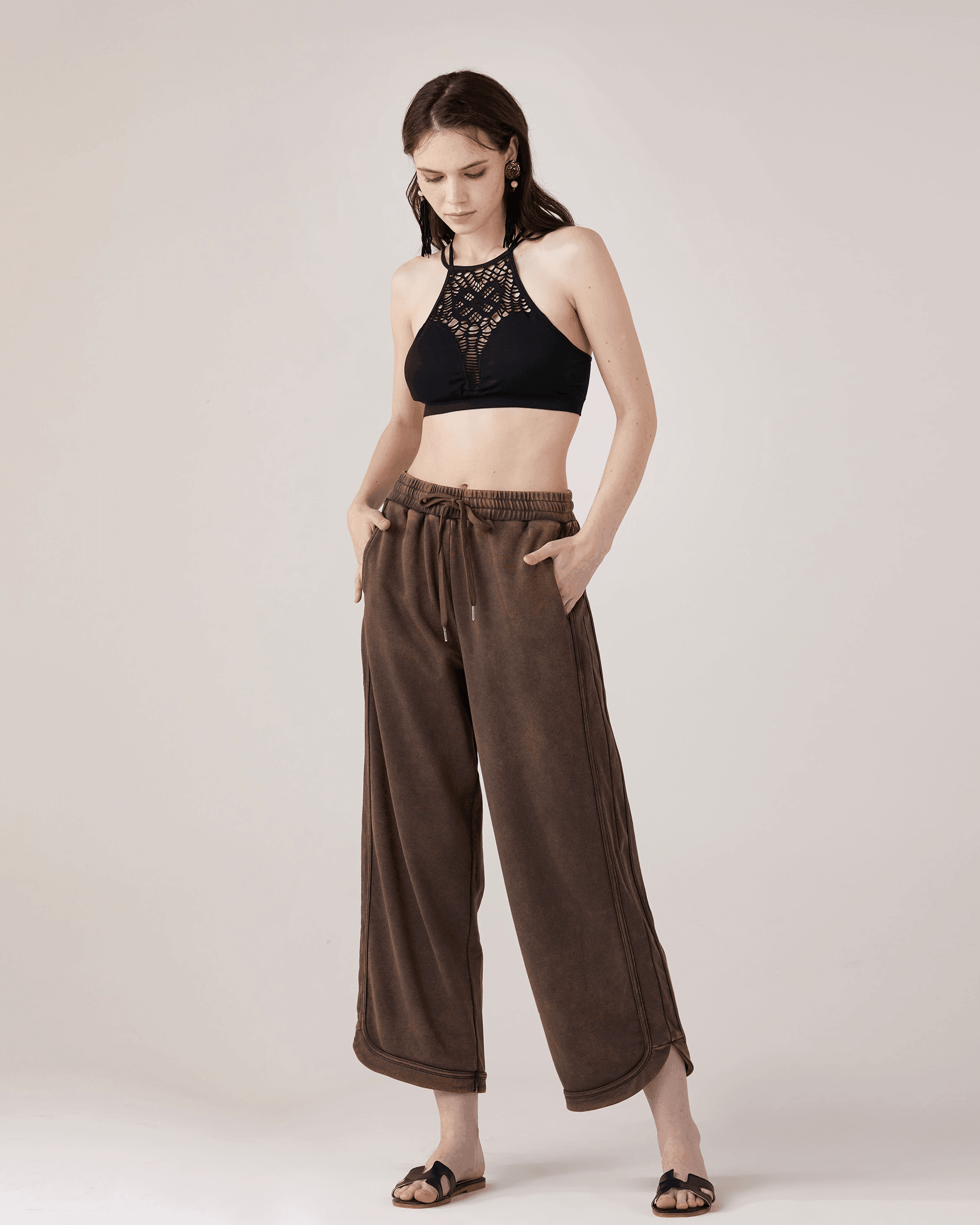 Brown Washed Terry Knit Crop Pants