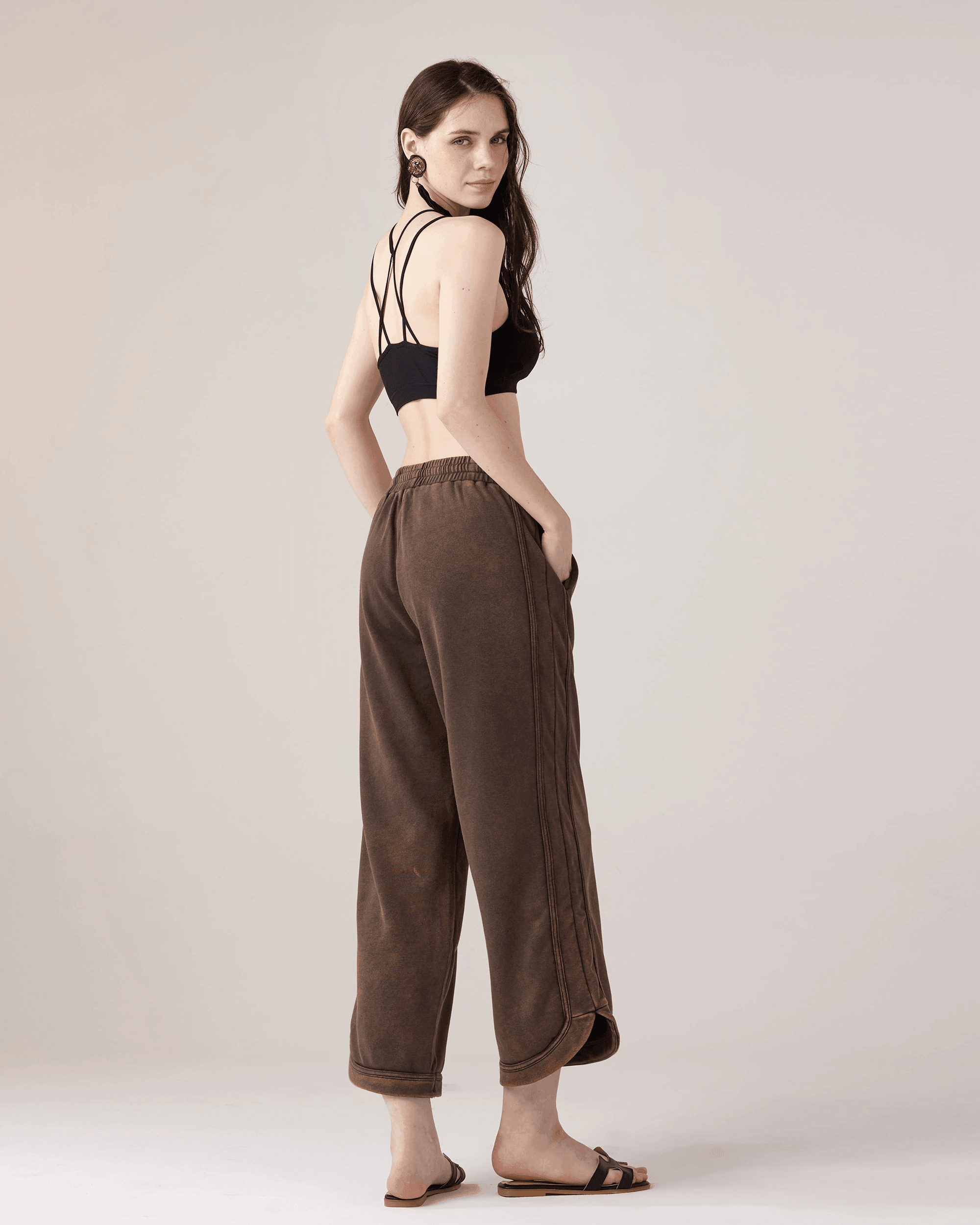 Brown Washed Terry Knit Crop Pants