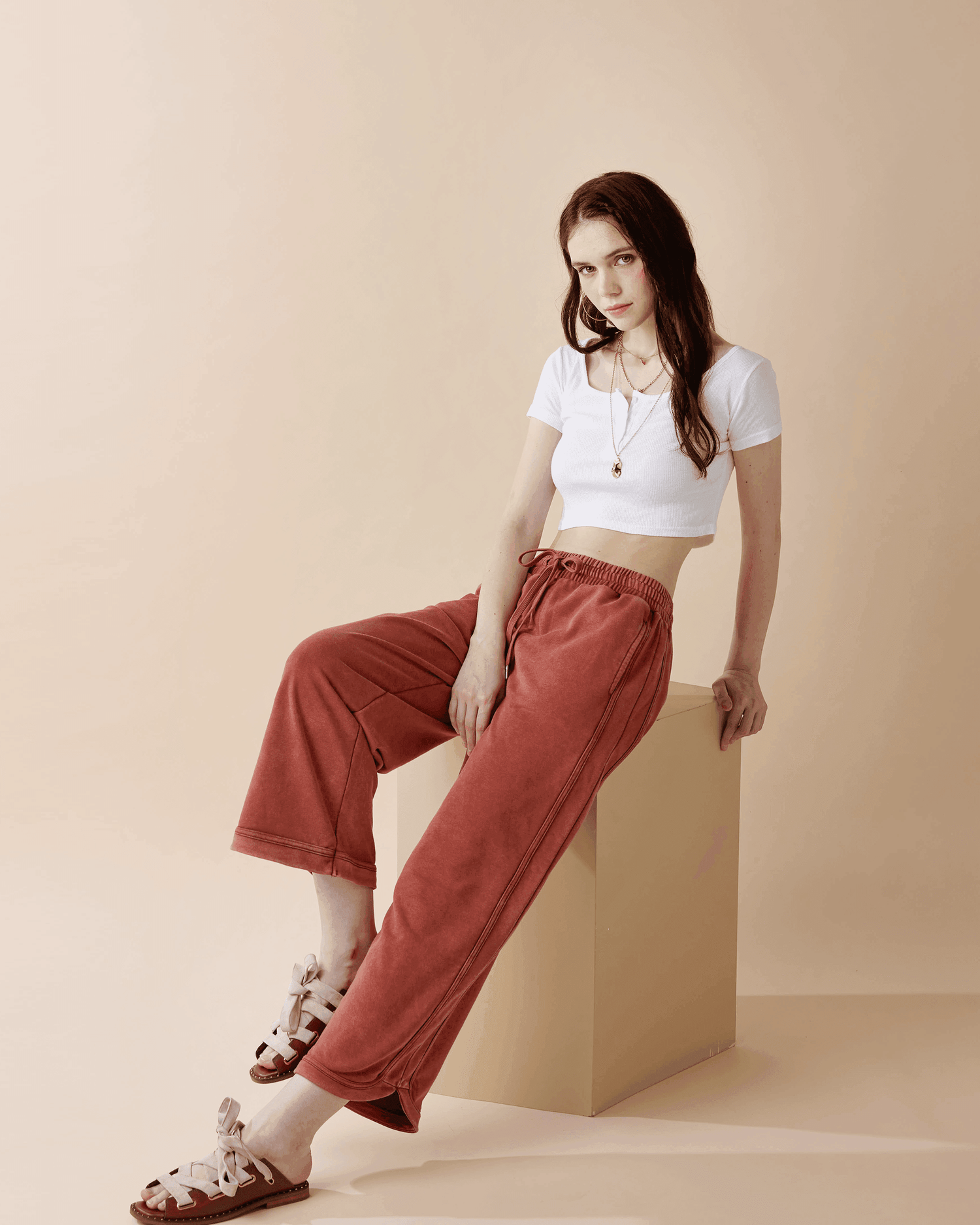 Washed Terry Knit Crop Pants - Rust - noflik