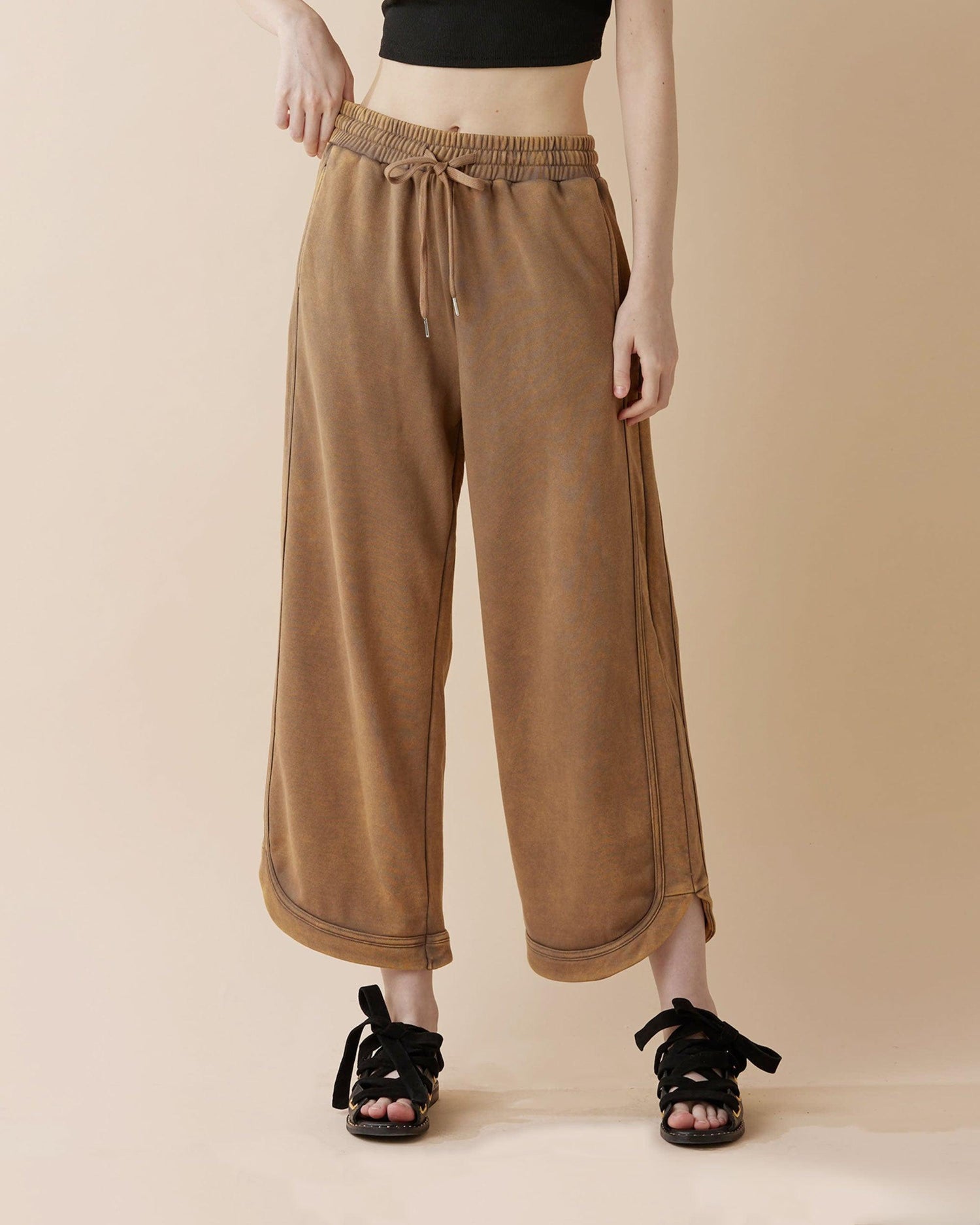 Washed Terry Knit Crop Pants - Sand - noflik