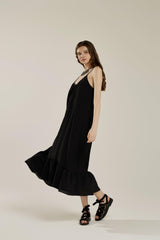 Waterfall Gathered Ruffle Low Back Maxi Dress - Black - noflik