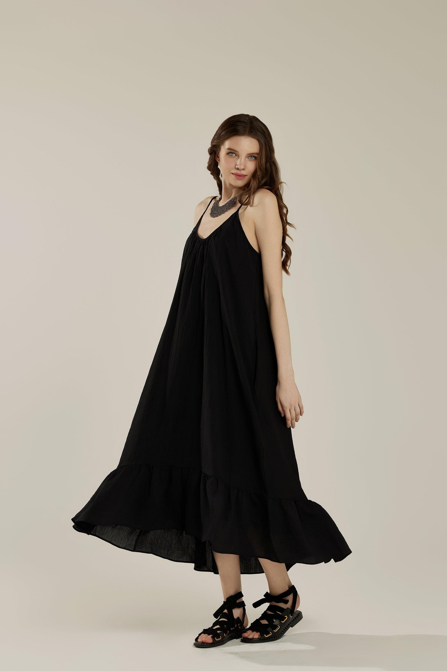 Waterfall Gathered Ruffle Low Back Maxi Dress - Black - noflik