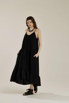 Waterfall Gathered Ruffle Low Back Maxi Dress - Black - noflik