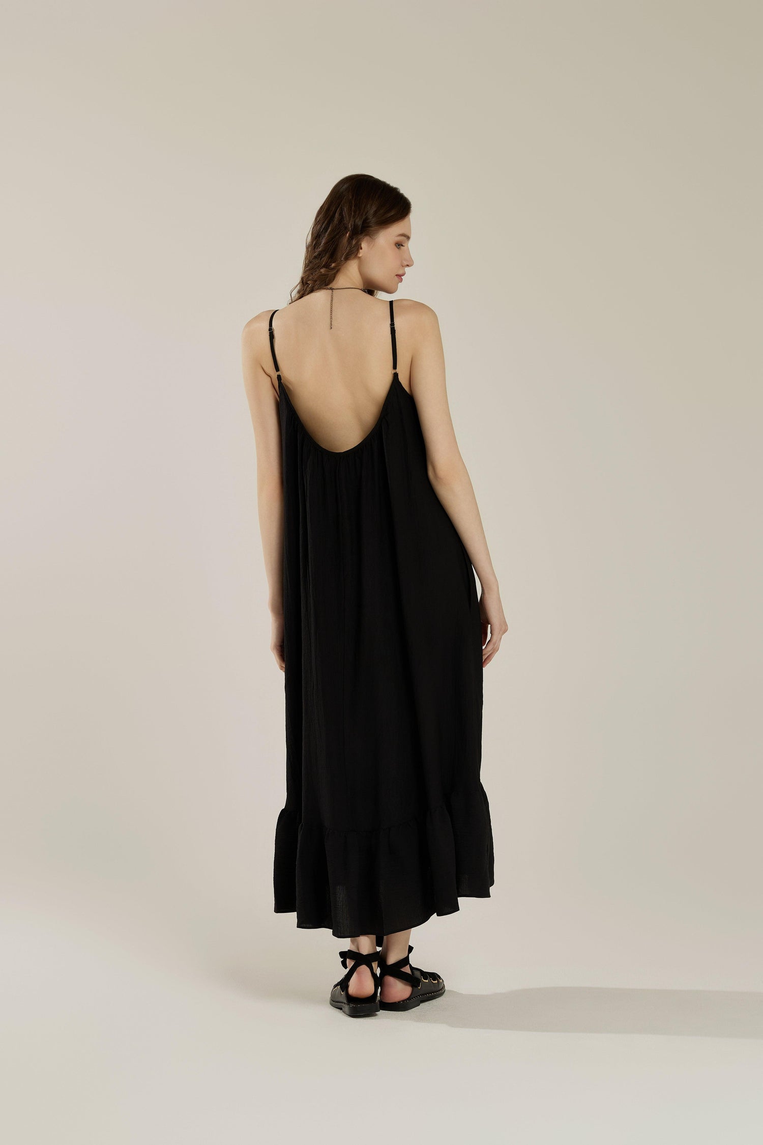 Waterfall Gathered Ruffle Low Back Maxi Dress - Black - noflik