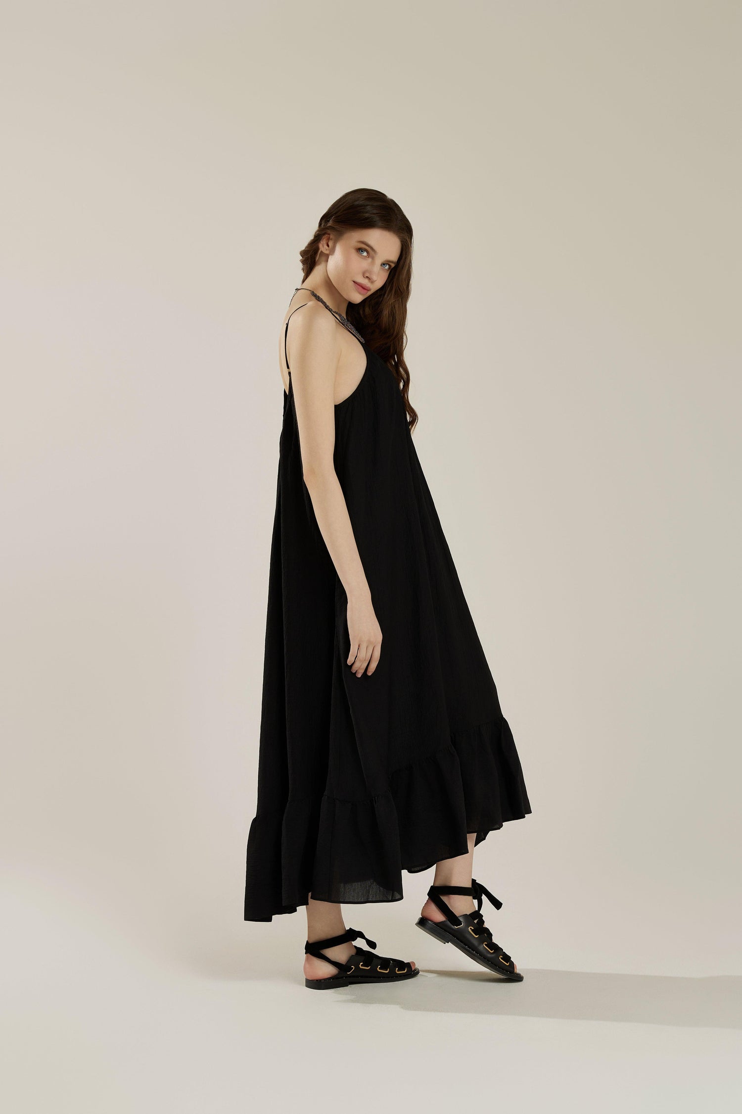 Waterfall Gathered Ruffle Low Back Maxi Dress - Black - noflik