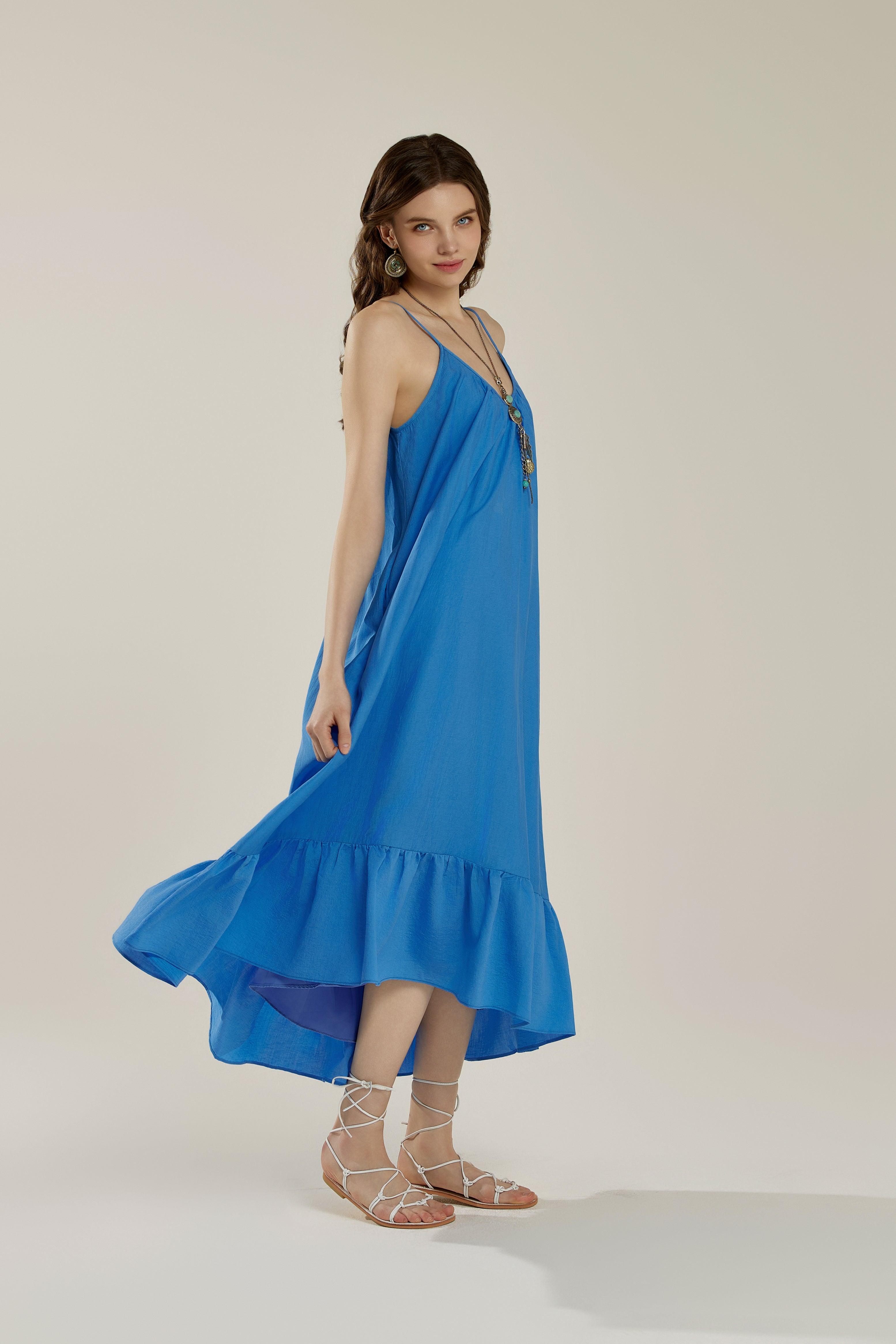 Waterfall Gathered Ruffle Low Back Maxi Dress - Blue - noflik