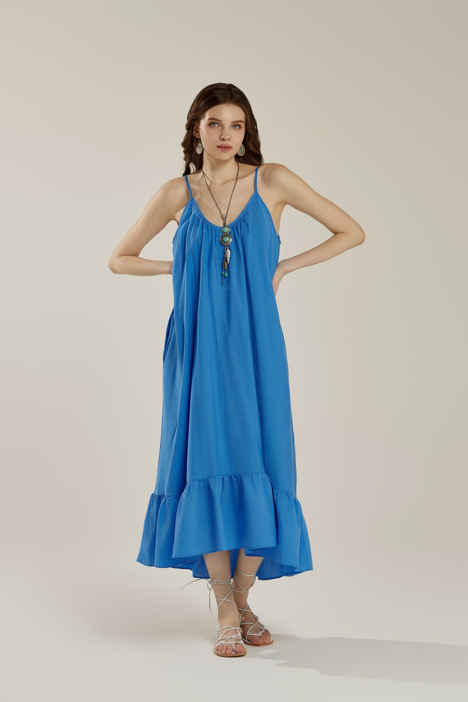 Waterfall Gathered Ruffle Low Back Maxi Dress - Blue - noflik