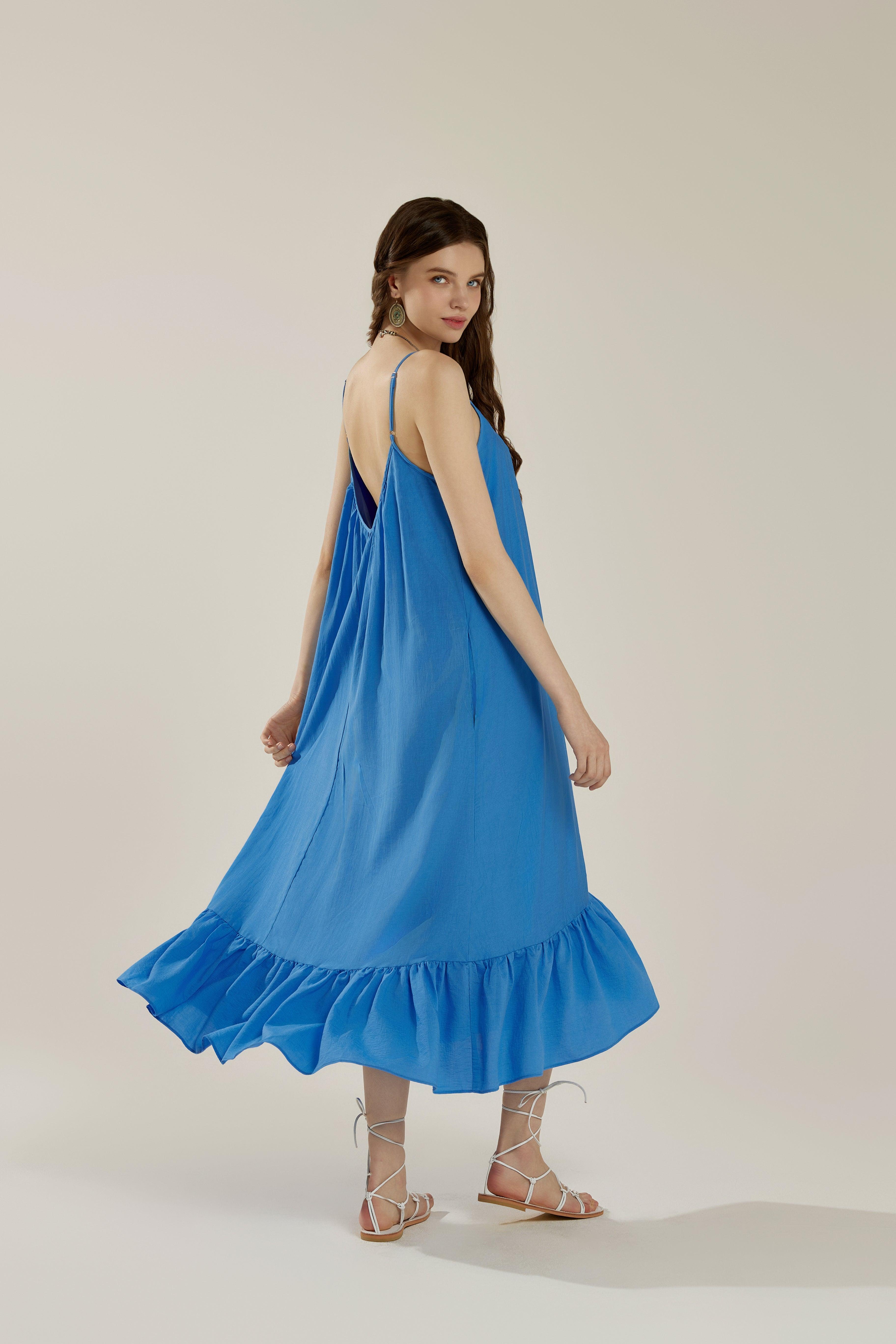 Waterfall Gathered Ruffle Low Back Maxi Dress - Blue - noflik